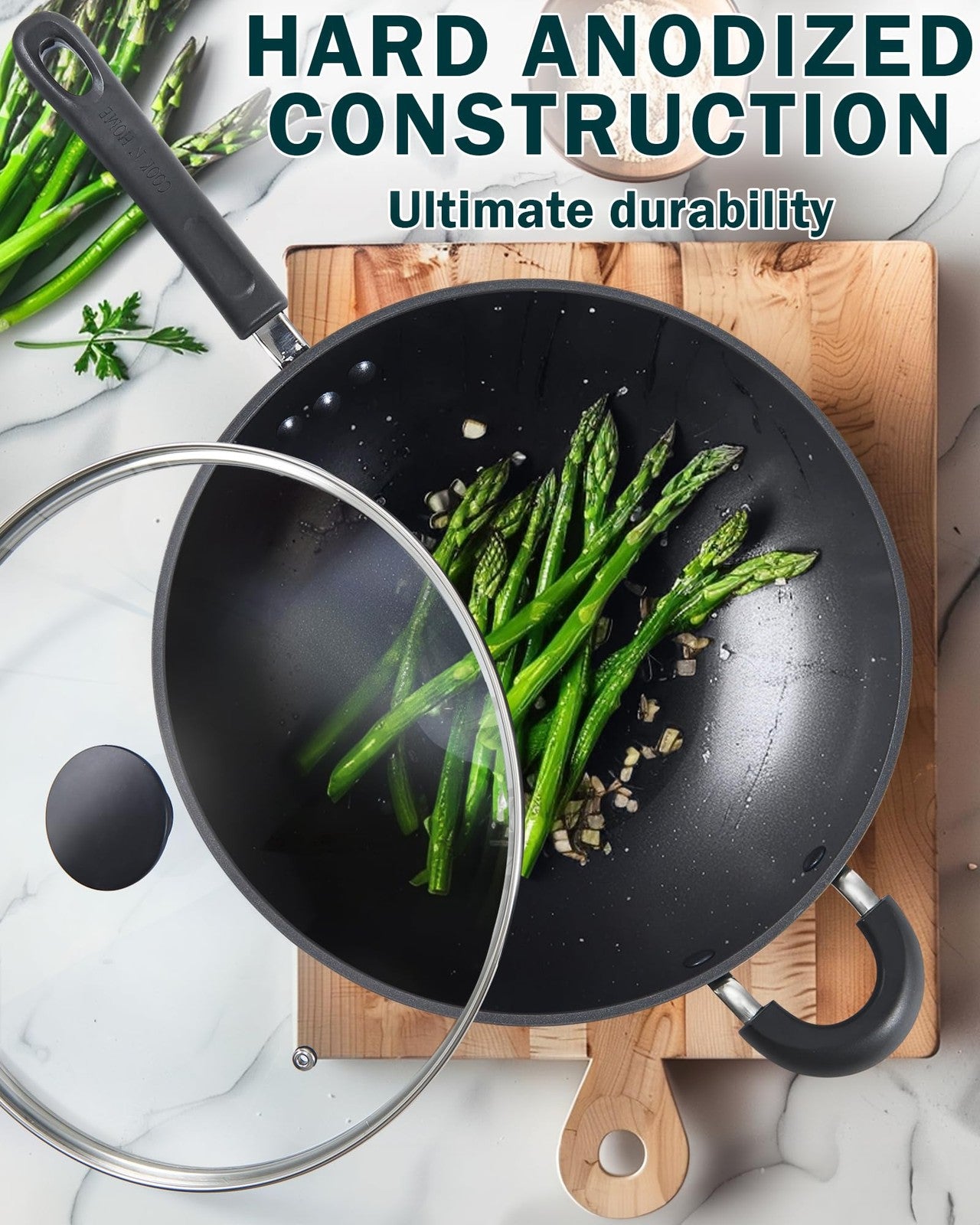 Cook N Home 12-inch hard anodized nonstick wok with lid, nonstick stir-fry pan, featuring a durable cooking surface and ergonomic handle.