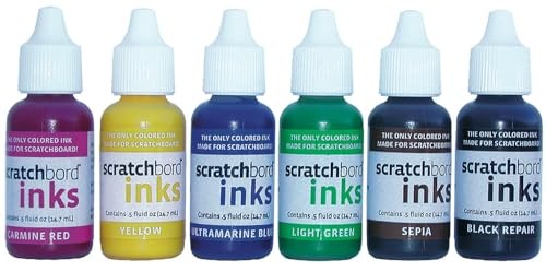 Ampersand Art Supply Scratchbord 6 color ink set with small bottles of colorful ink for mixed media and scratch art projects.
