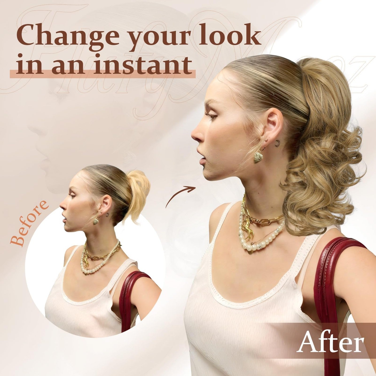 Flufymooz 14-inch short drawstring ponytail extension in natural hair color, styled in a sleek ponytail with the extension visible.