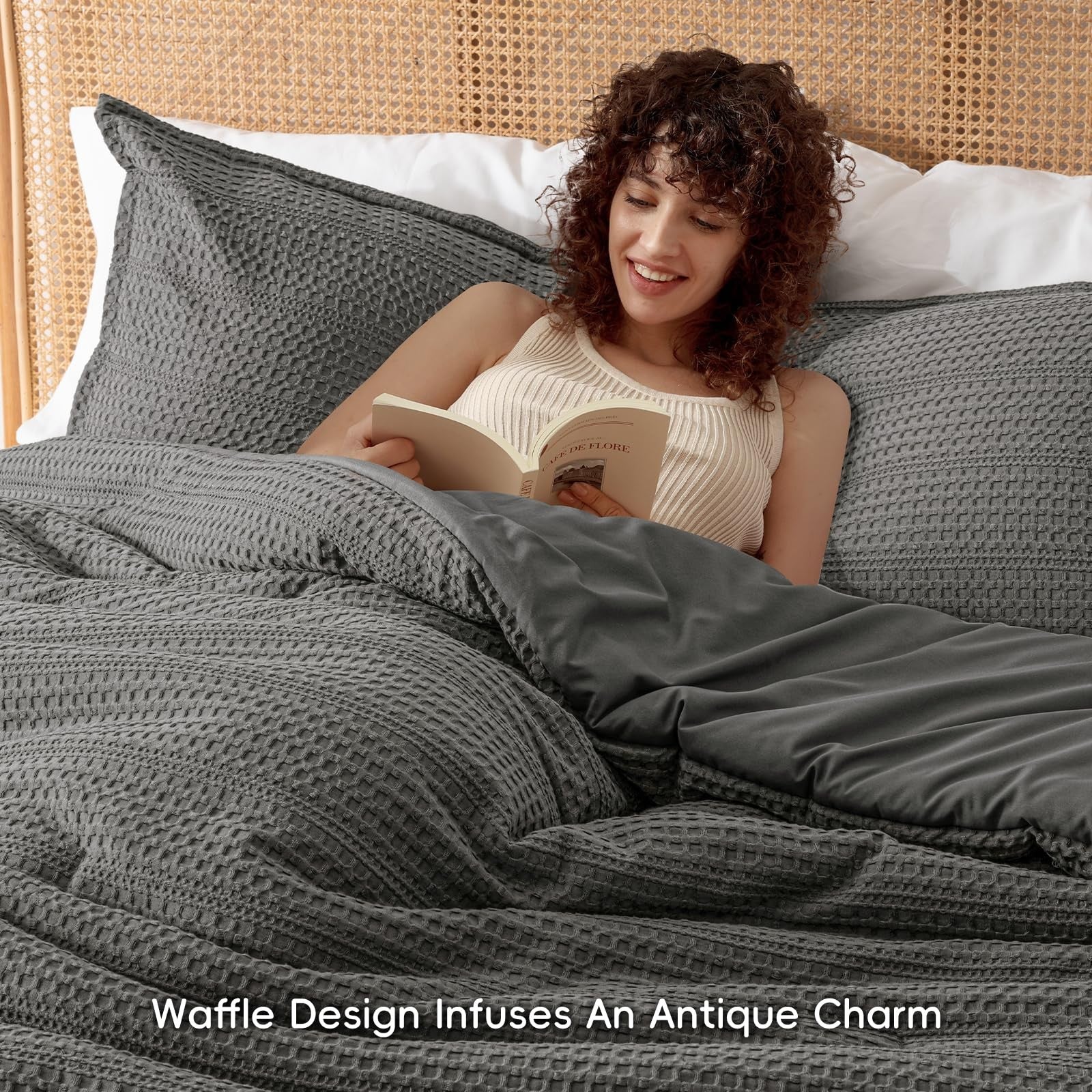 Twin size PHF Soft Waffle Comforter Set featuring a breathable, cozy waffle weave design on a neatly made bed.
