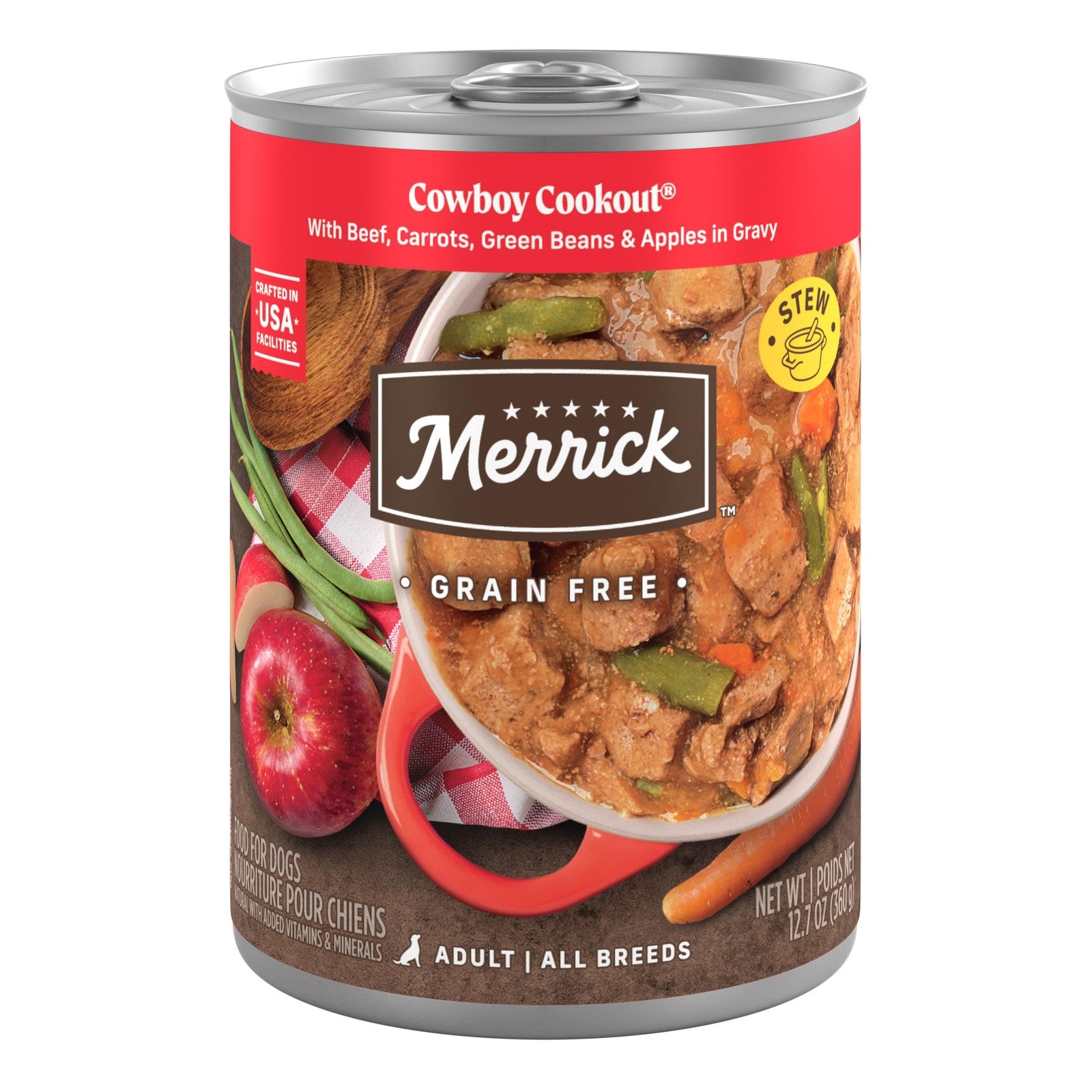 Cans of Merrick Grain Free Wet Dog Food Cowboy Cookout with deboned beef, 12-pack, featuring colorful labels on the packaging.