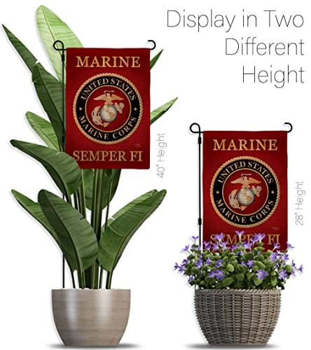 Marine Corps burlap garden flag by Breeze Decor featuring armed forces design, displayed on a garden stand.