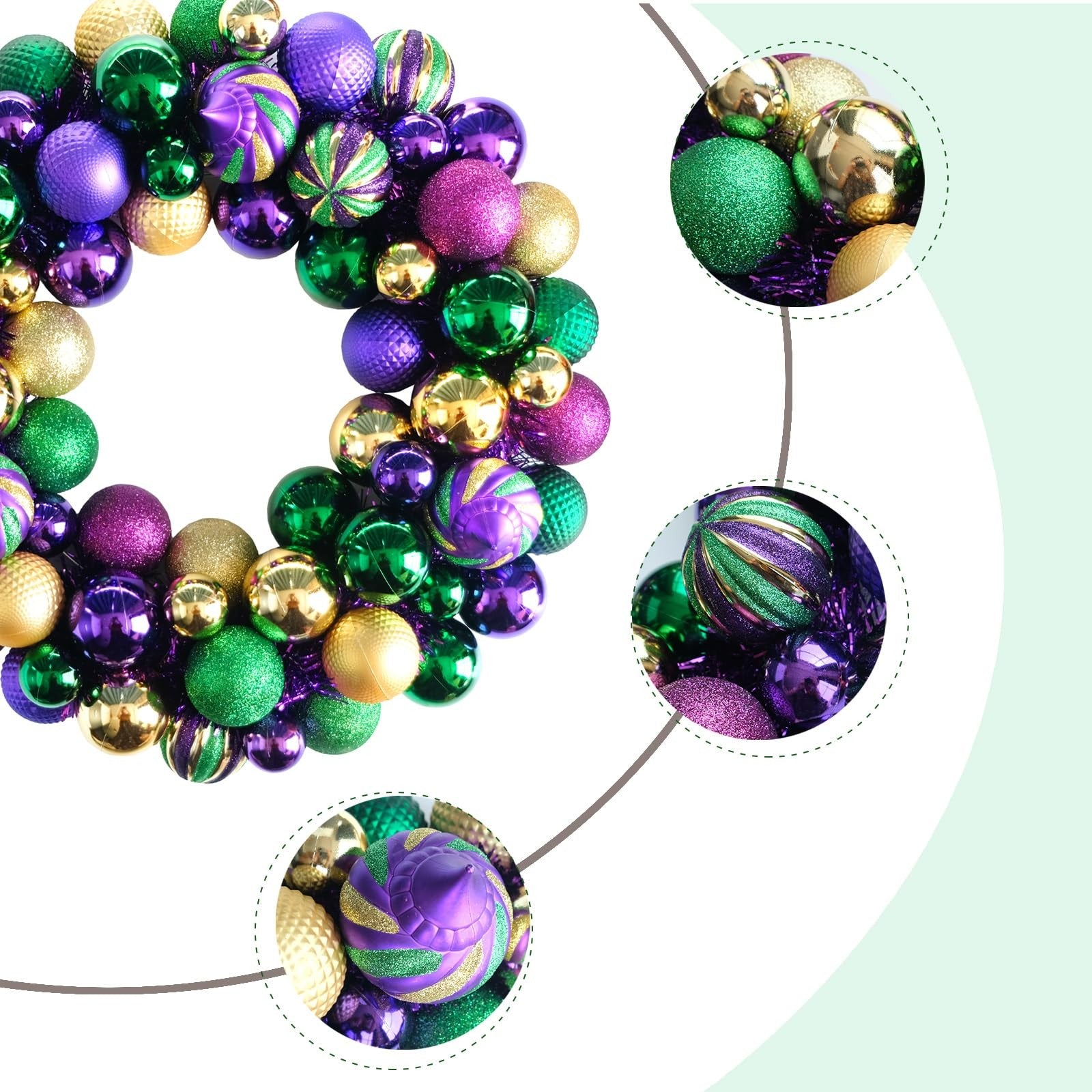 Colorful 18-inch Bibelot Mardi Gras wreath with decorative balls hanging on a front door for festive Mardi Gras decor.