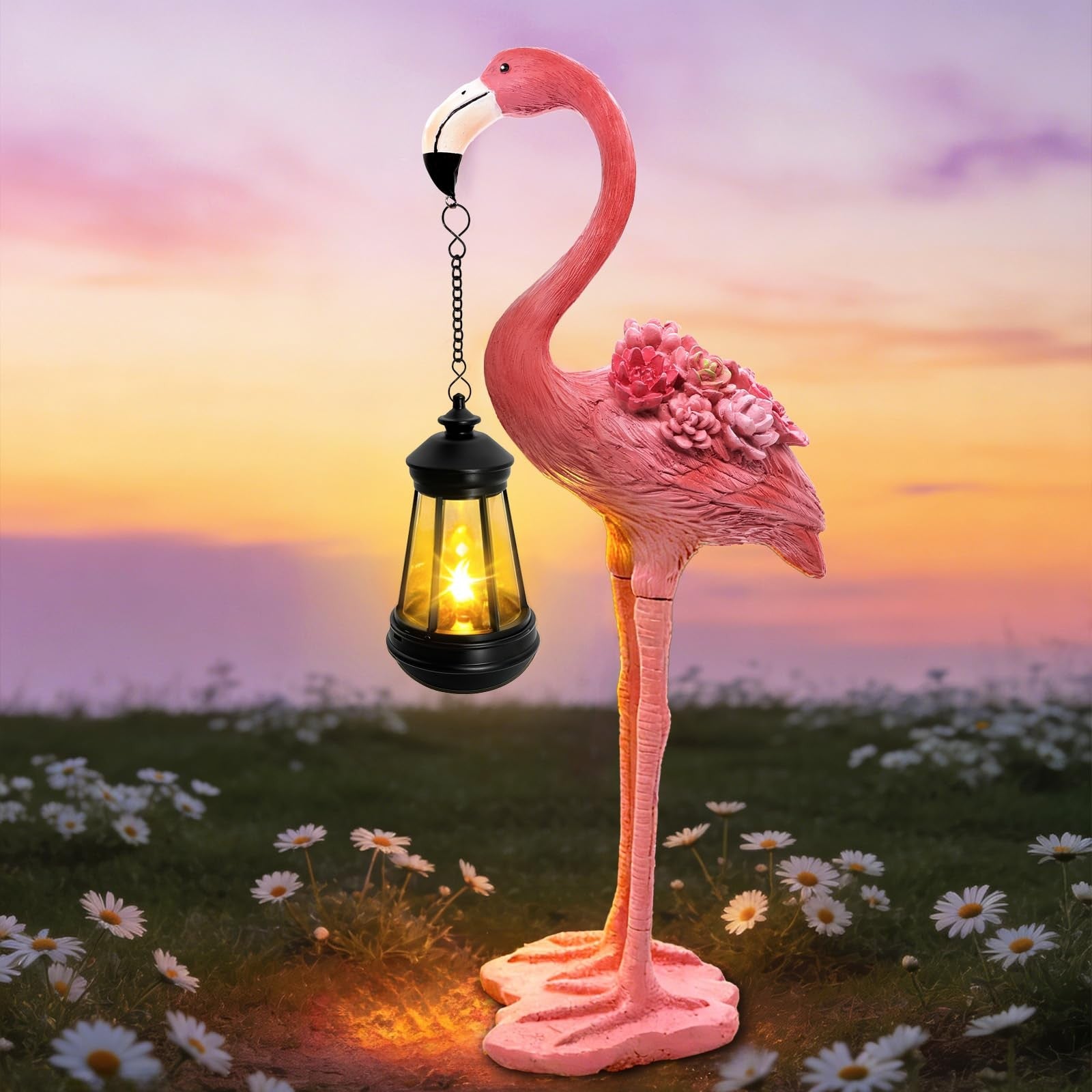 Yulloyello flamingo solar garden statue, 18.9-inch pink flamingo figurine with hanging solar lantern, outdoor yard decor