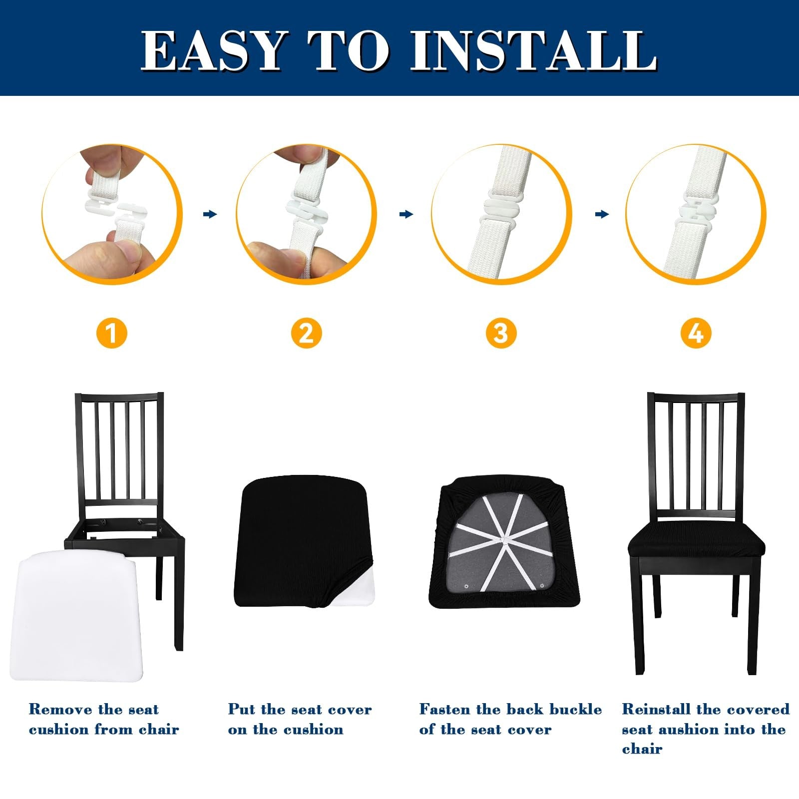 Set of 8 washable Fafua dining chair seat covers showing fitted fabric covers on wooden dining chairs.
