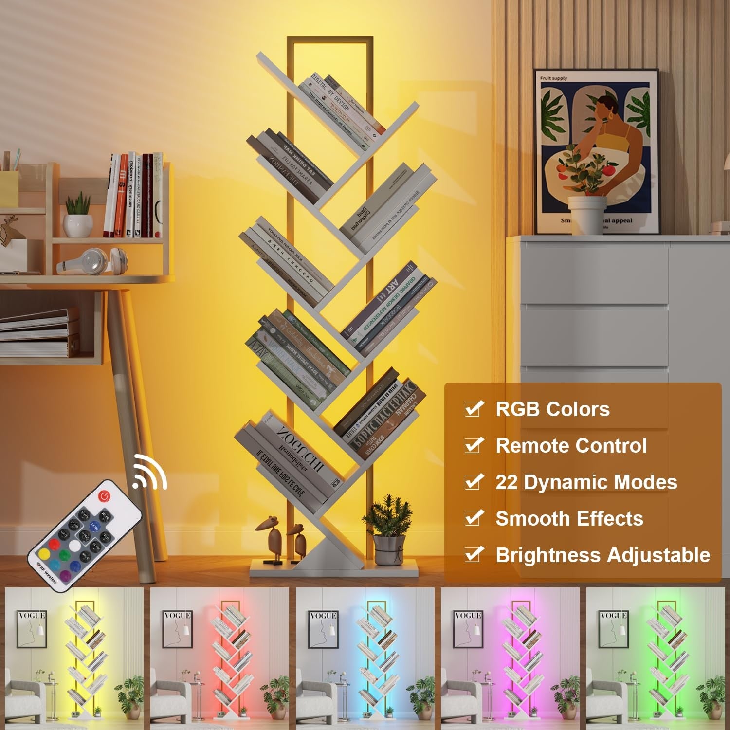 Qupui 9-tier tree-shaped bookshelf with LED lights, classical design, floor-standing wooden bookcase for home storage and display