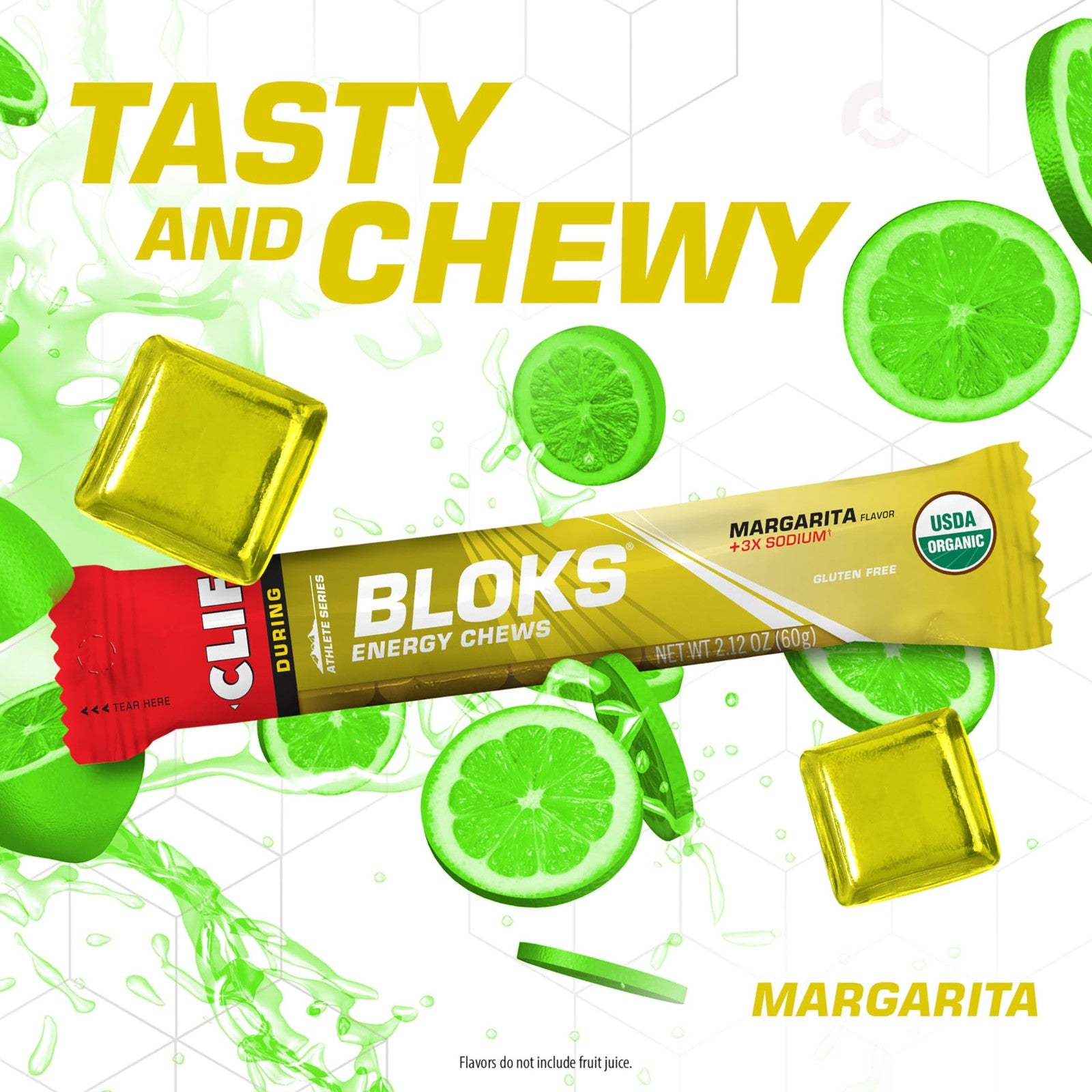 Clif Bloks Margarita flavor energy chews in an 18-pack, non-GMO, plant-based electrolyte snacks for active athletes.