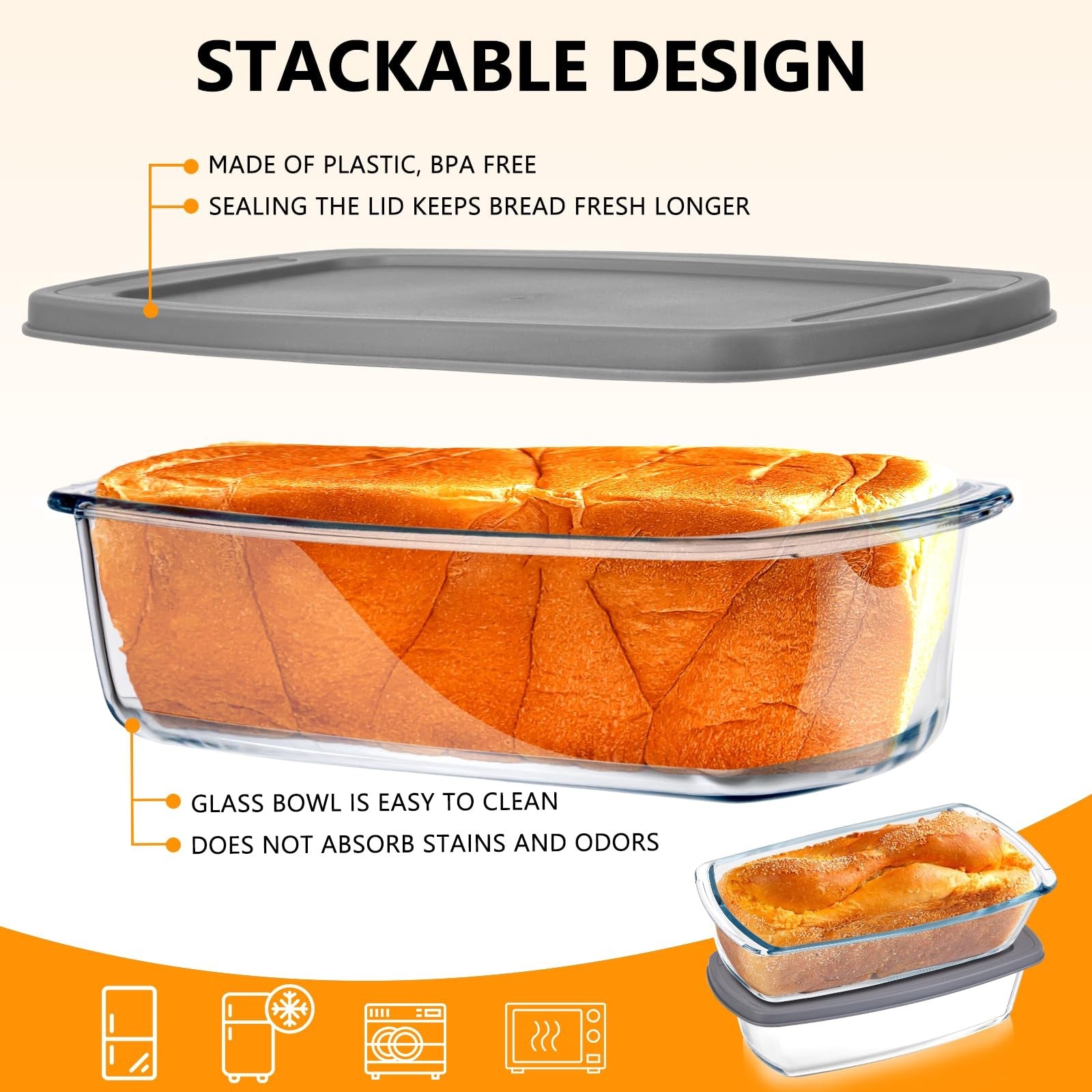 BAKEWAY glass loaf pan with lid, 1.9 Qt, ideal for baking bread, featuring clear glass construction and secure lid for storage.