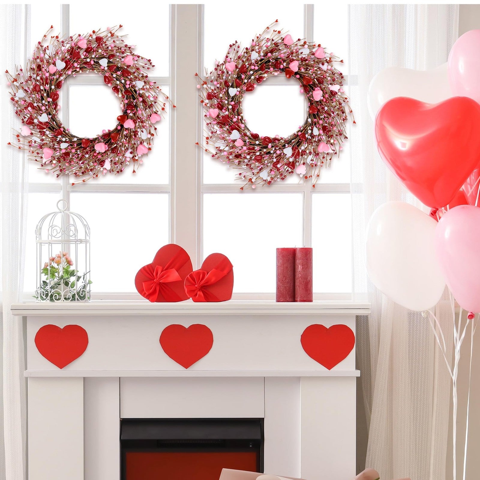 ANVAVO Valentine’s Day wreath with red, pink, and white hearts, berries, and artificial flowers, 24-inch decorative floral arrangement