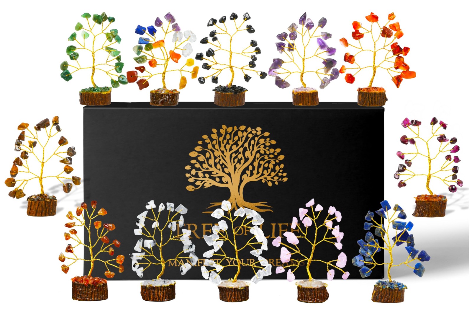 Set of 12 handcrafted crystal Tree of Life chakra gifts for women by ZENFULSTONE, featuring small, detailed crystal trees.