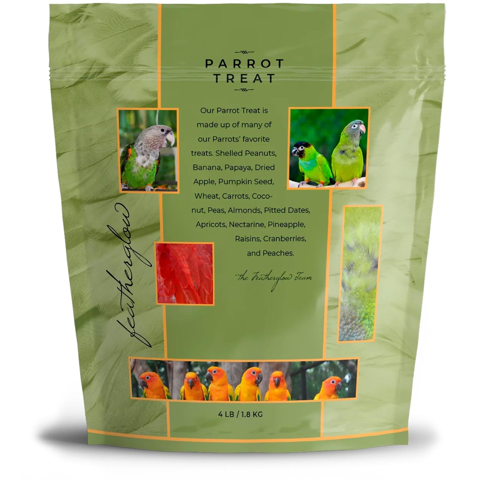 Volkman Seed Featherglow Parrot Treat 4lb bag with assorted seeds and grains for parrots, shown in a colorful package.