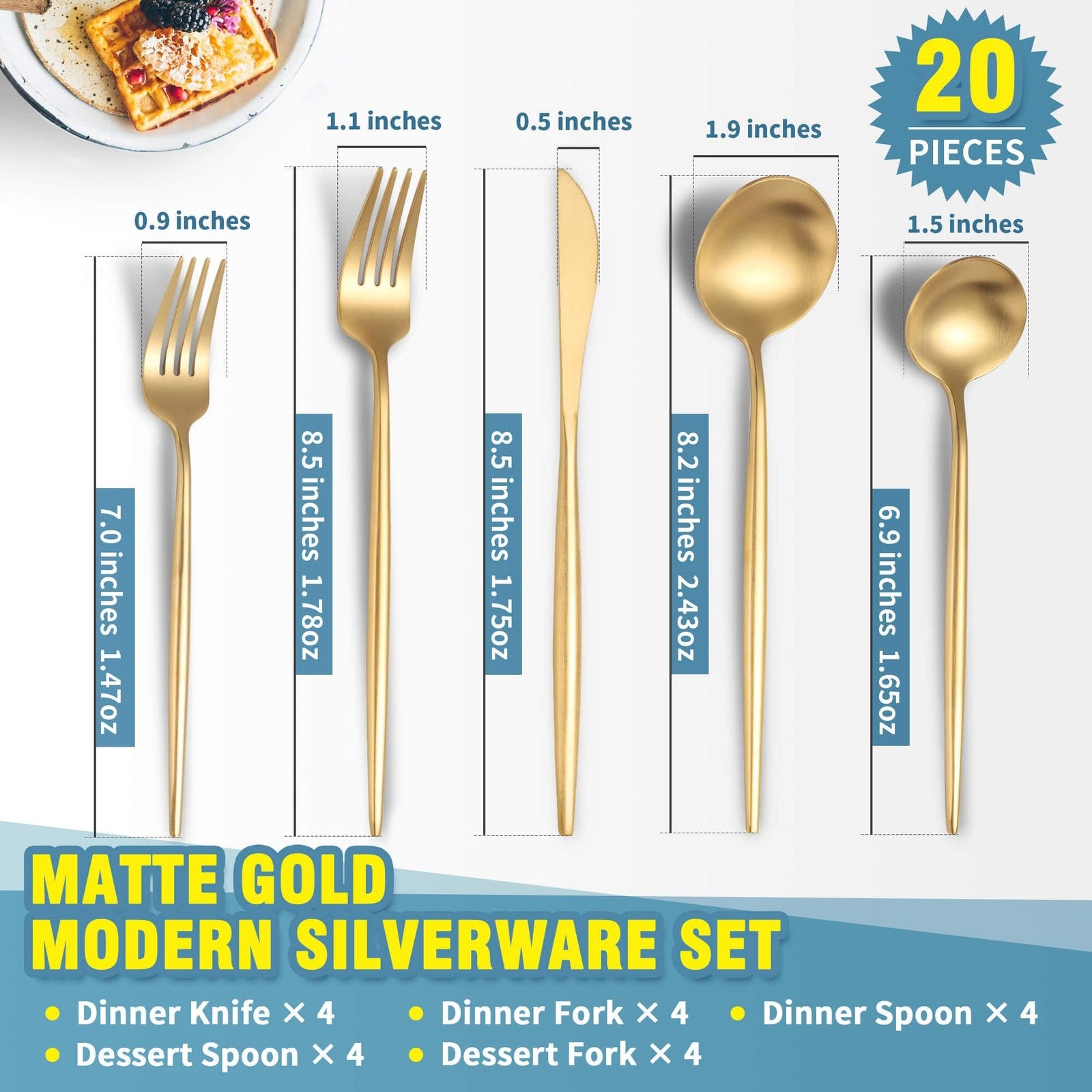 Lemeya matte gold and silver stainless steel cutlery set for 4 with brushed finish, modern design, includes forks, knives, spoons.