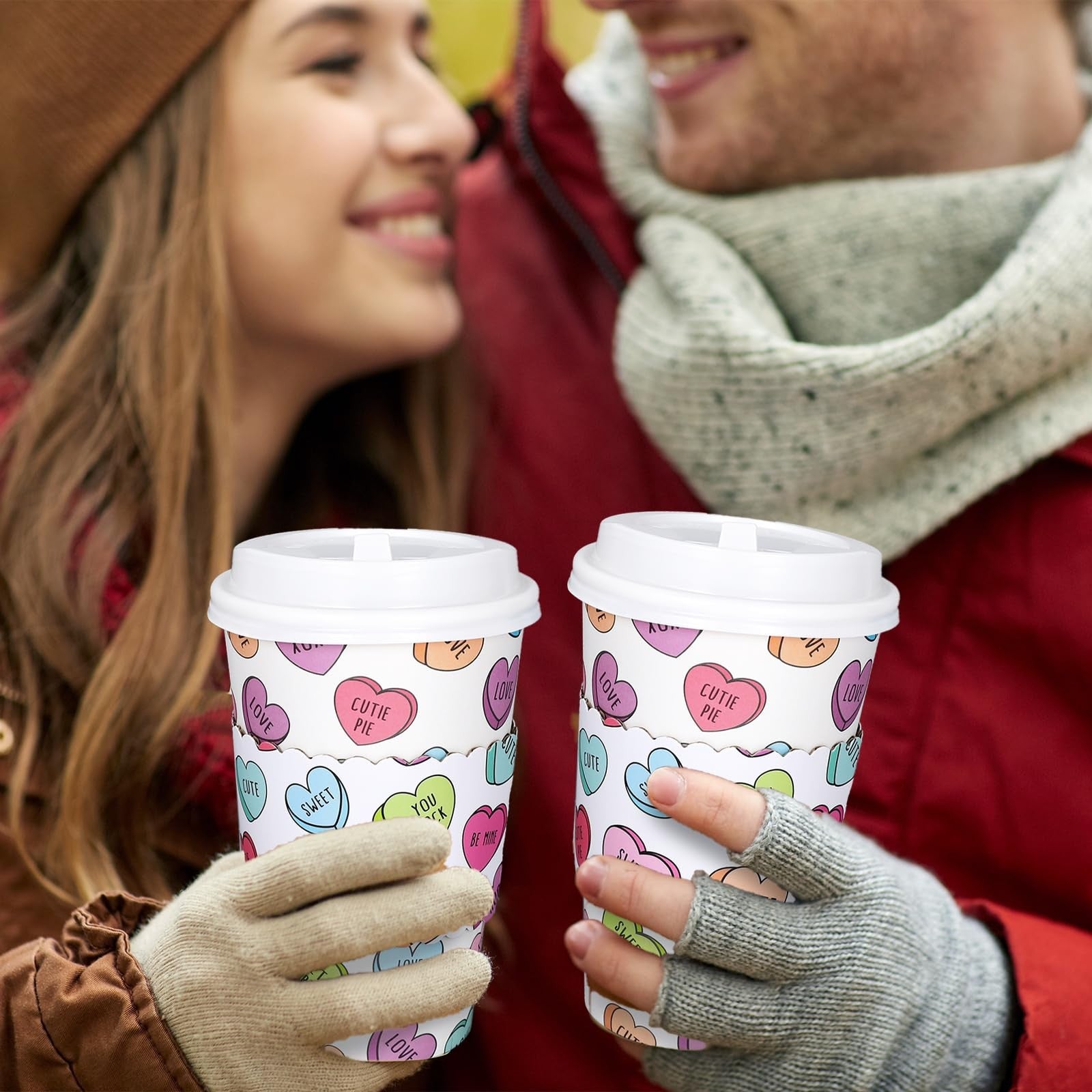 Whaline 50-pack colorful disposable coffee cups with lids and sleeves, ideal for Valentine's Day celebrations.