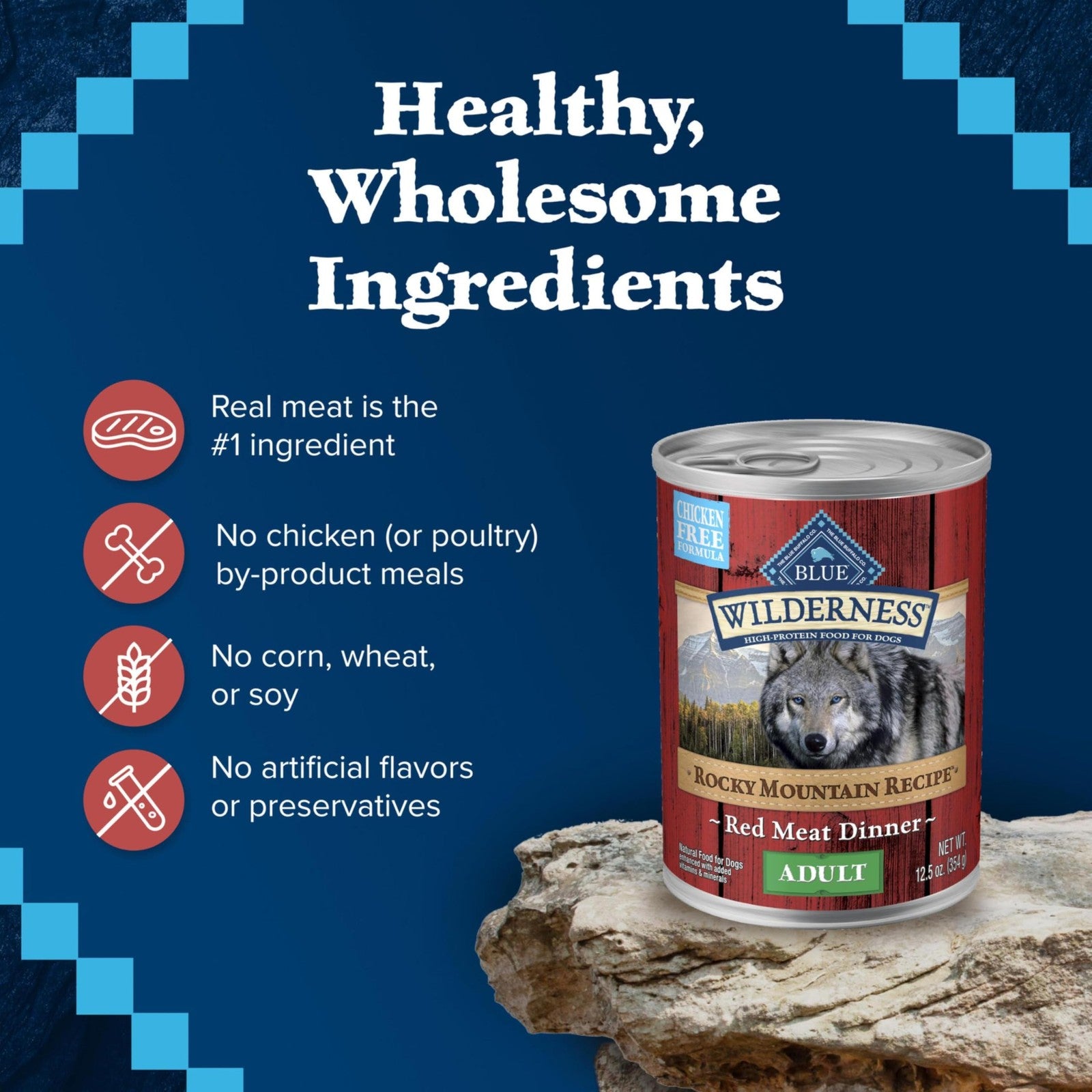 Blue Buffalo Wilderness adult wet dog food in red meat paté flavor, grain-free, 12-pack, showing individual cans with blue and red labels.
