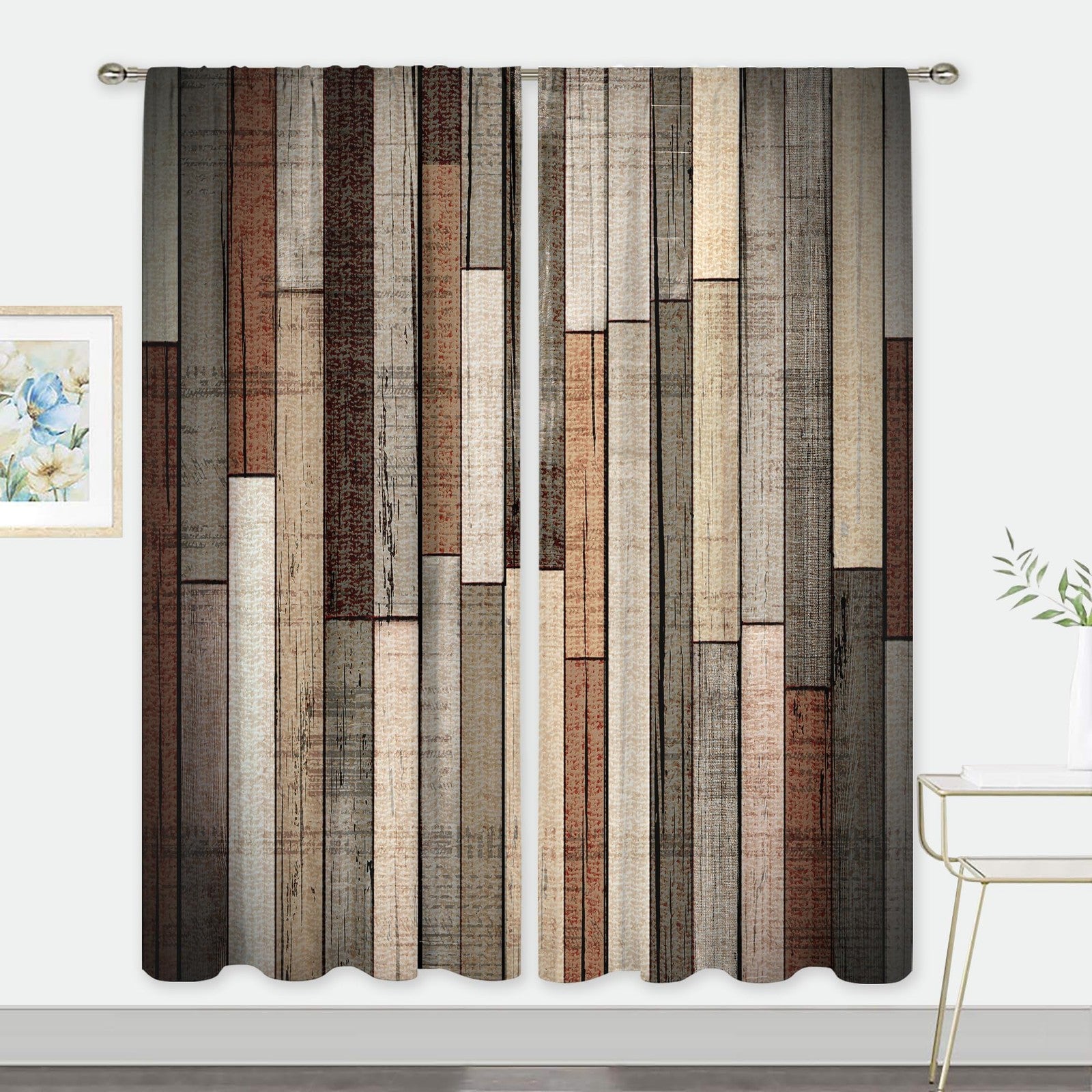 Retro barn door curtains by MESHELLY, 52x84 inches, vintage farmhouse style with rod pocket design, showcasing rustic fabric.