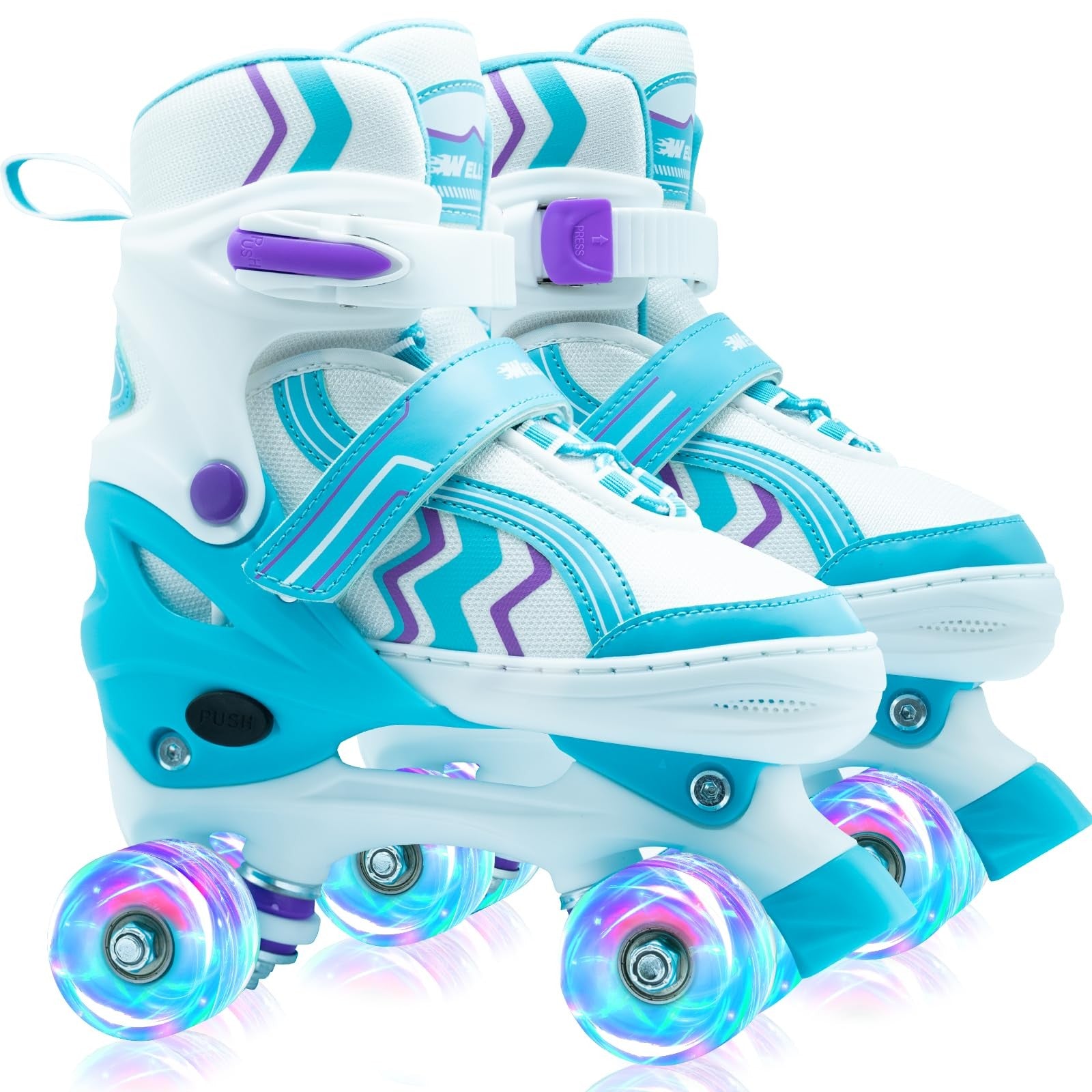 SMOOJOY kids roller skates for boys and girls in adjustable sky blue with safety straps and white wheels.