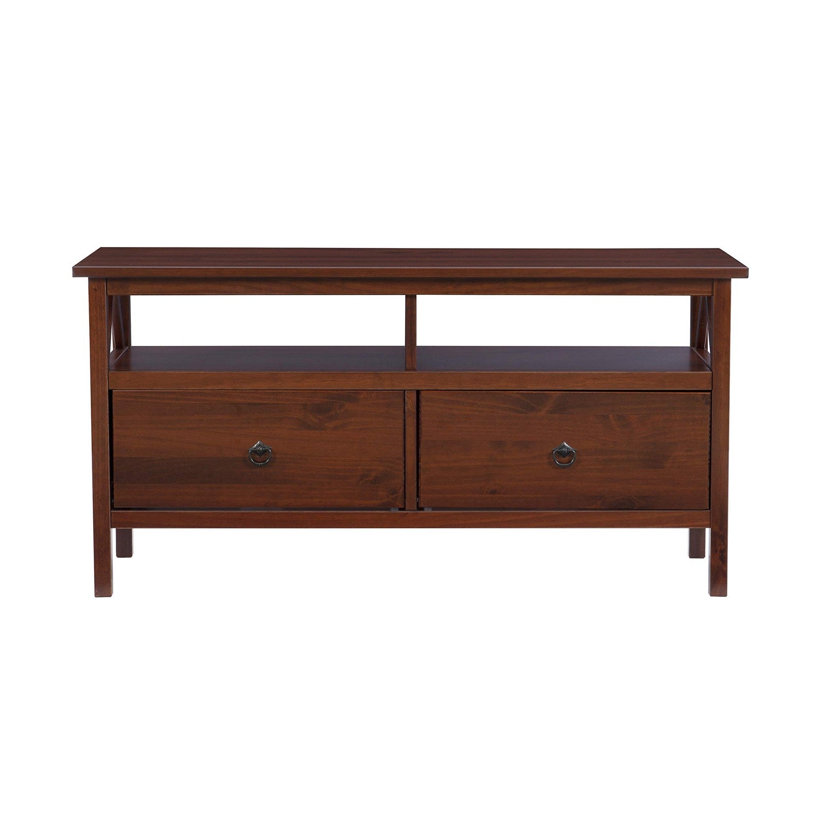 Antique Tobacco Titian TV stand by Linon Home Decor with classic wood finish and spacious surface for entertainment electronics.