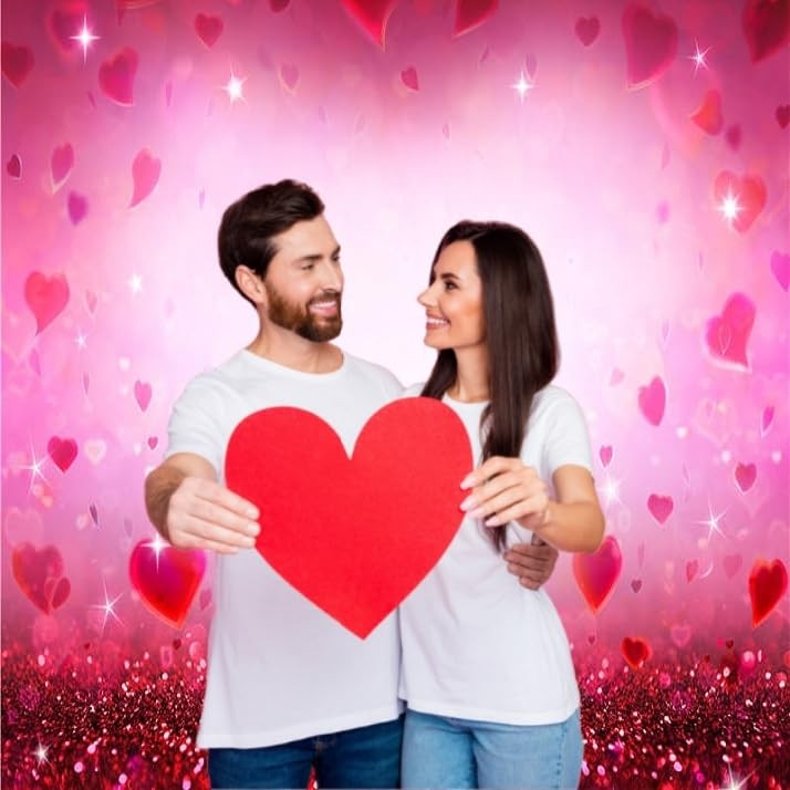 INRUI RUINI Valentine's photography backdrop featuring red hearts, love theme with shiny, sparkling surface for romantic photo shoots.