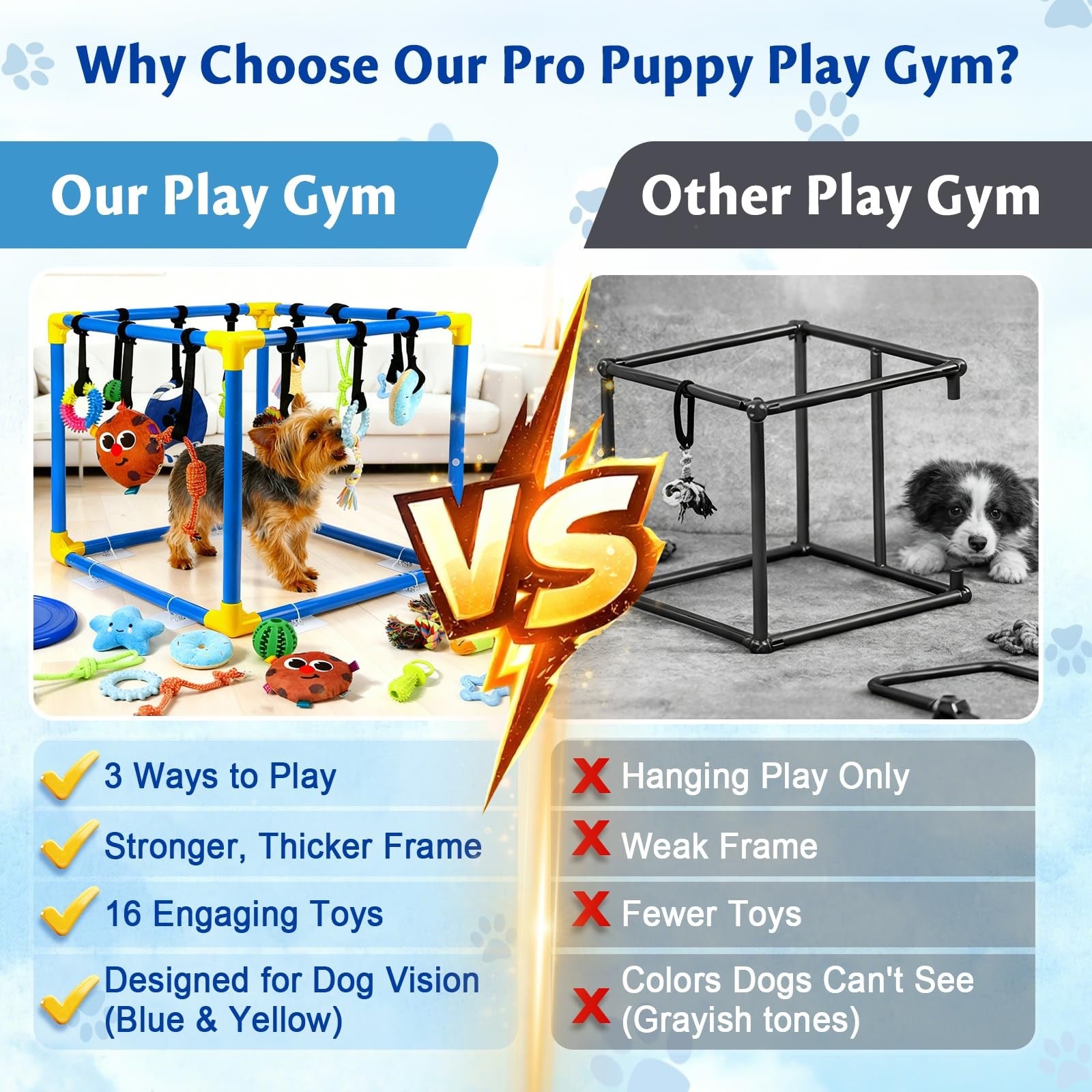 VYNALTIX puppy play gym with 16 toys, removable dog enrichment playground, interactive pet activity area with colorful toys and structures.