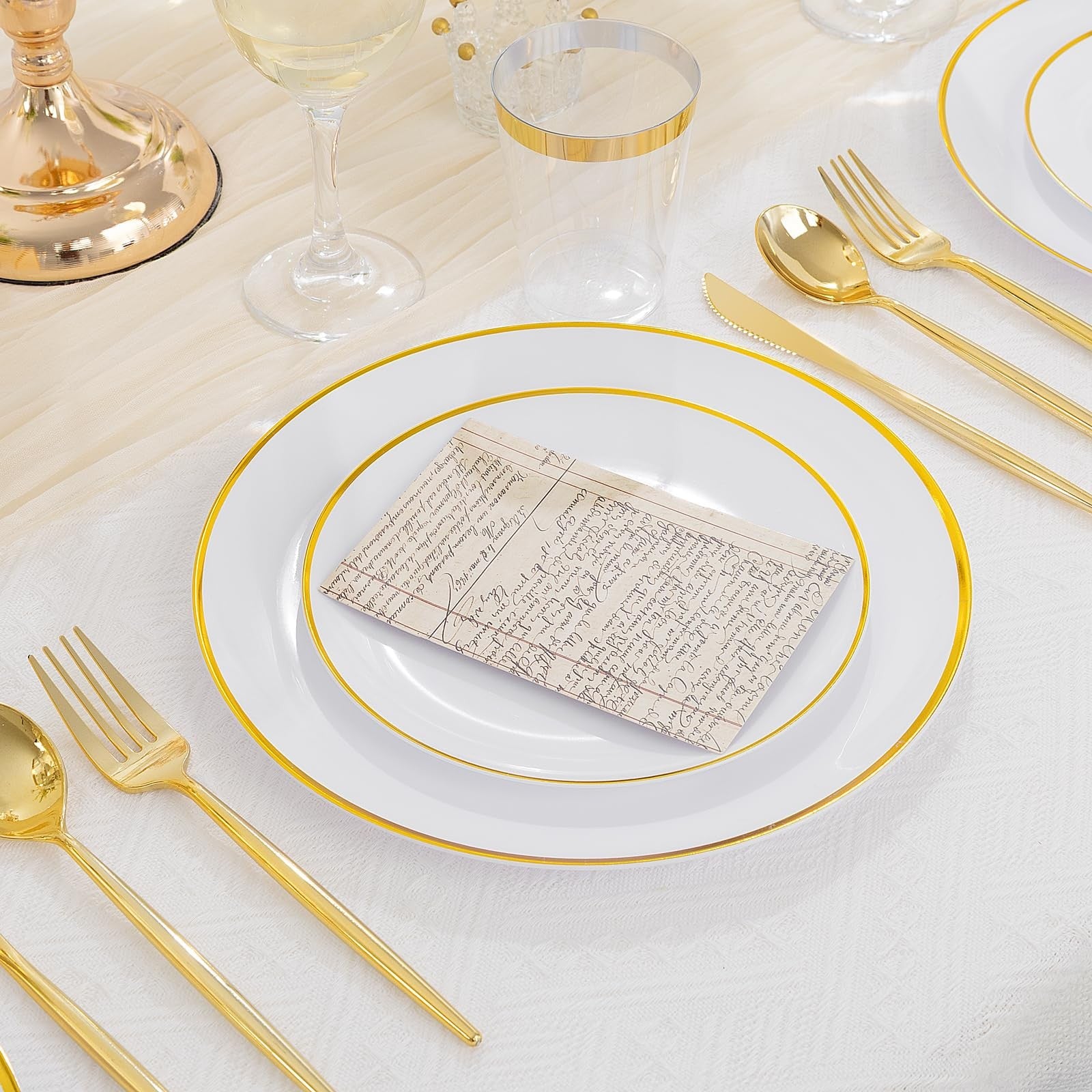 Set of 180 white and gold plastic plates by ejonirinjonir, elegant disposable plates for parties and special occasions