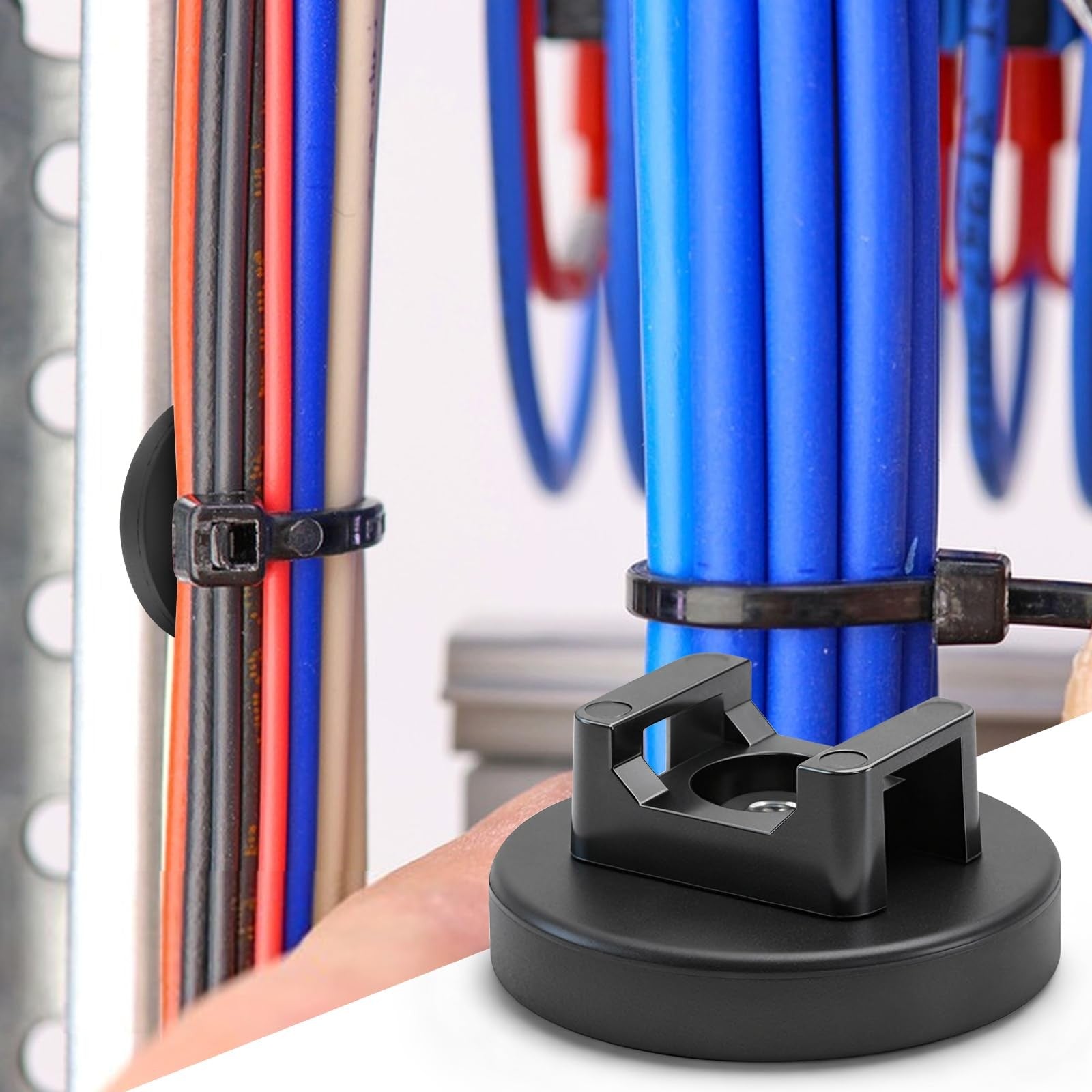 Heavy-duty magnetic cable zip tie base by dcvbny, designed for vertical tension up to 18lbs, ideal for multipurpose cable management.