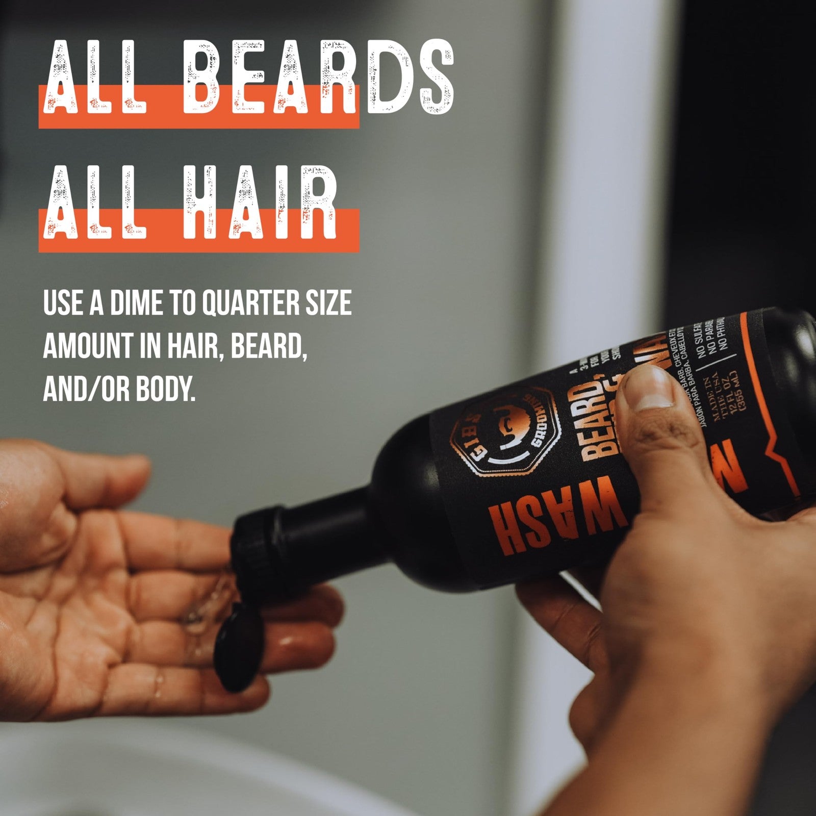 GIBS Grooming Amber Man Wash 33.8 fl oz 3-in-1 beard, hair, body soap with citrus scent, in a large pump bottle.