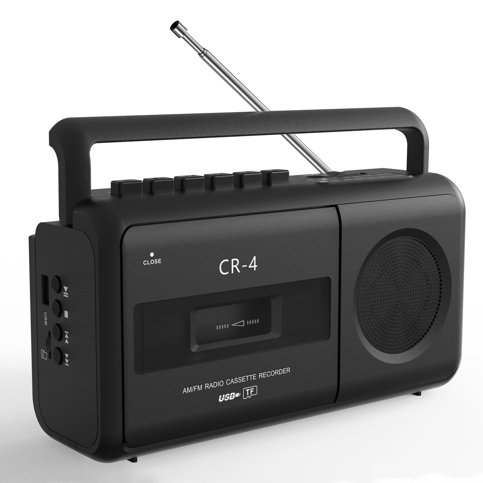 KUEPHOM portable cassette tape recorder and boombox with AM/FM radio, black plastic body, and control buttons on front panel.
