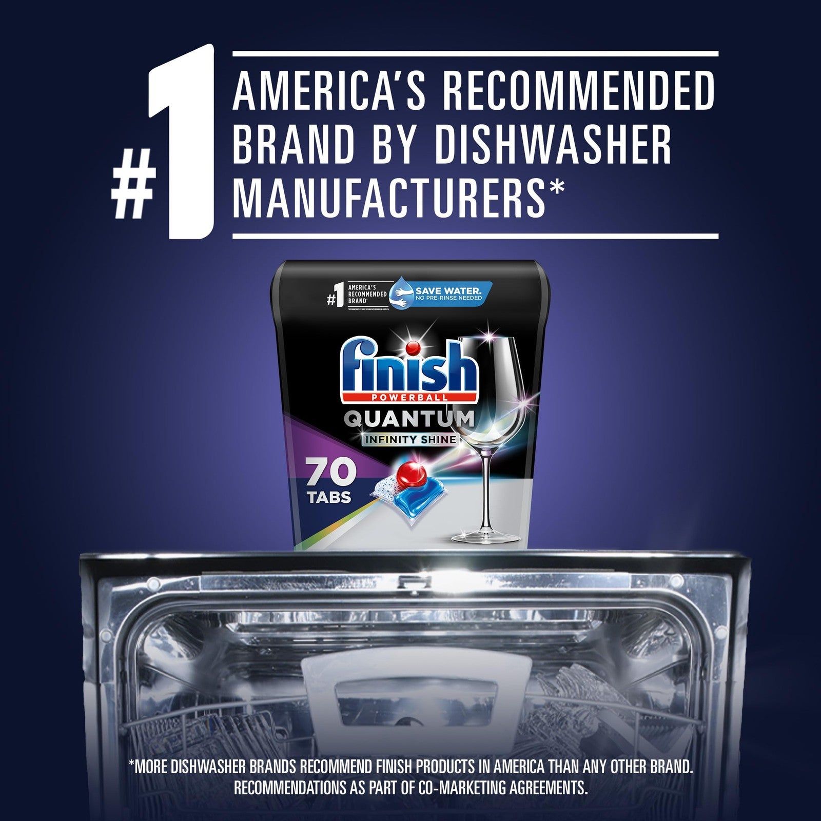 Finish Quantum Infinity Shine dishwasher detergent Powerball tablets in a 70-count box, designed for sparkling clean dishes.