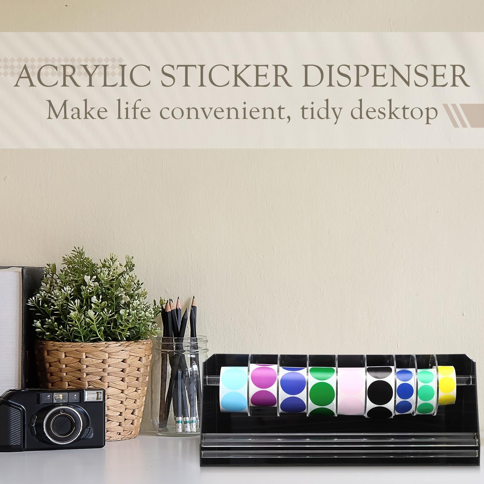 Feifeiya acrylic sticker roll dispenser with adjustable holder and 9 disks, showcasing the label organization tool in use.