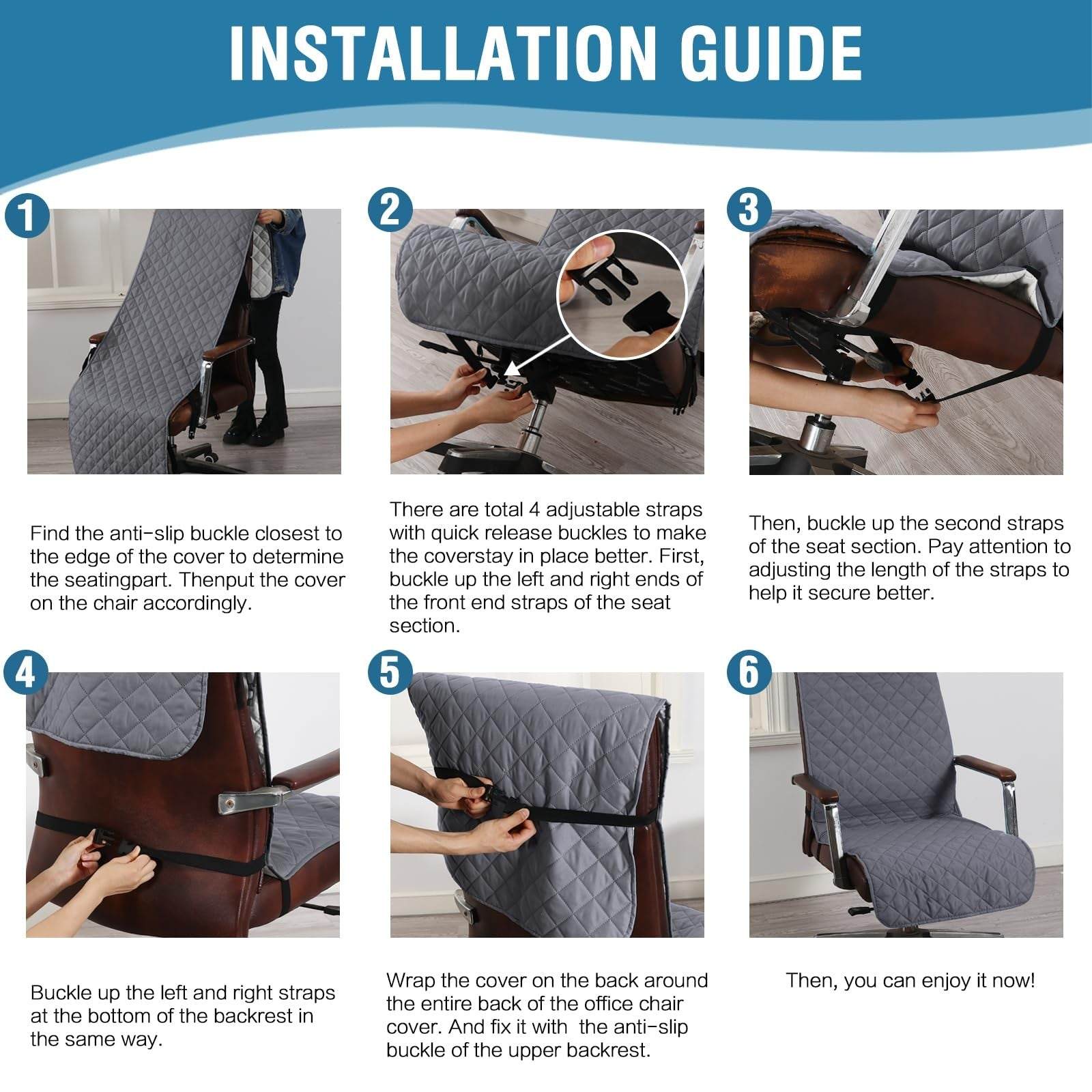 H.VERSAILTEX Reversible grey water-resistant microfiber office chair cover with non-slip buckle straps