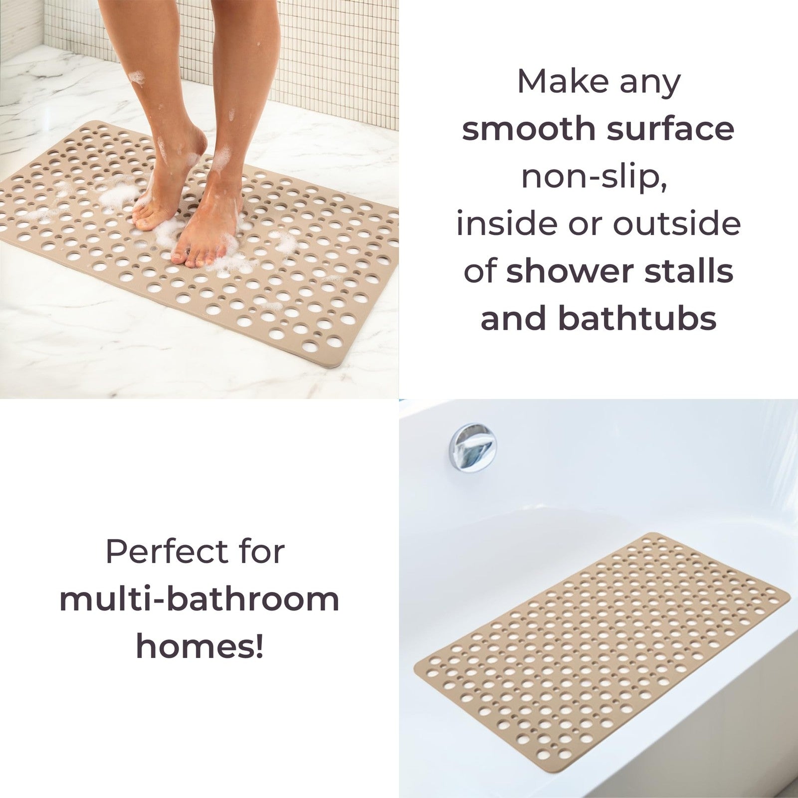 LUMA HOME beige non-slip shower and bathtub mat with strong suction cups, made of TPE for safety and comfort.