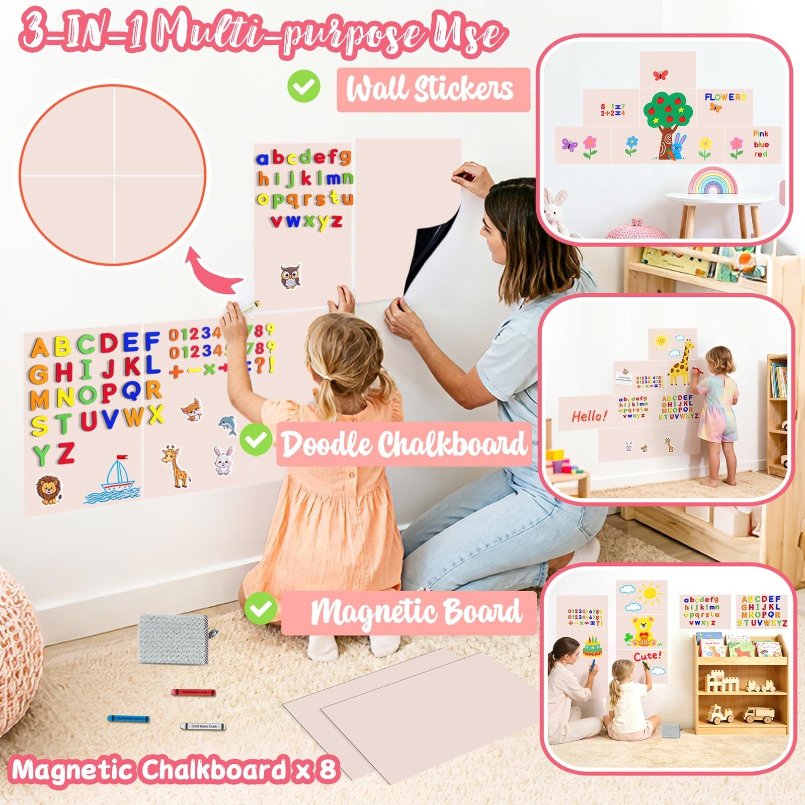 Easma 8-piece magnetic wall decals for kids, includes magnetic chalkboard peel and stick stickers on a smooth surface.