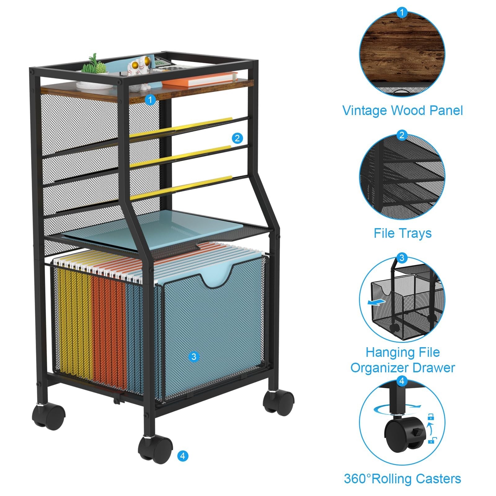BOHDK 6-tier rolling file cart with lockable wheels and brown wood finish, ideal for desk organization and storage.