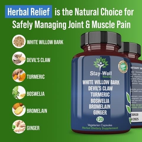 Stay-Well Naturals Pain Relief supplement bottle featuring White Willow Bark, Devil's Claw, and Turmeric capsules.
