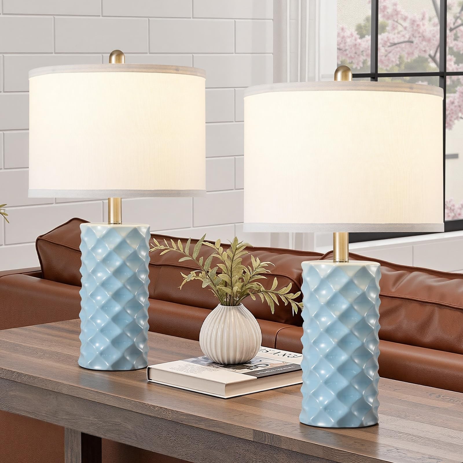 Pair of 23-inch sky blue ceramic table lamps with star diamond accents from BLHDZJR, modern luxe decor for living spaces.