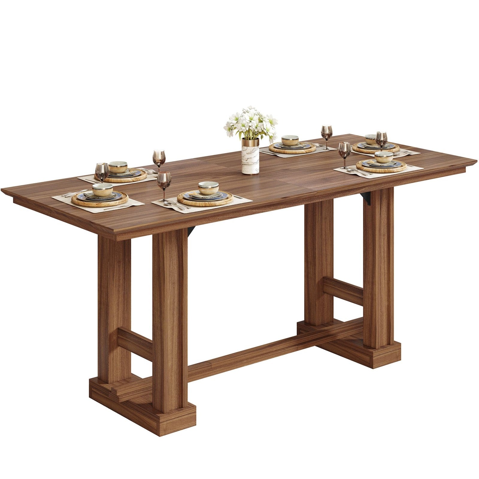 Wooden farmhouse dining table for 6-8 people, 70 inches long, sturdy kitchen table with natural wood finish.