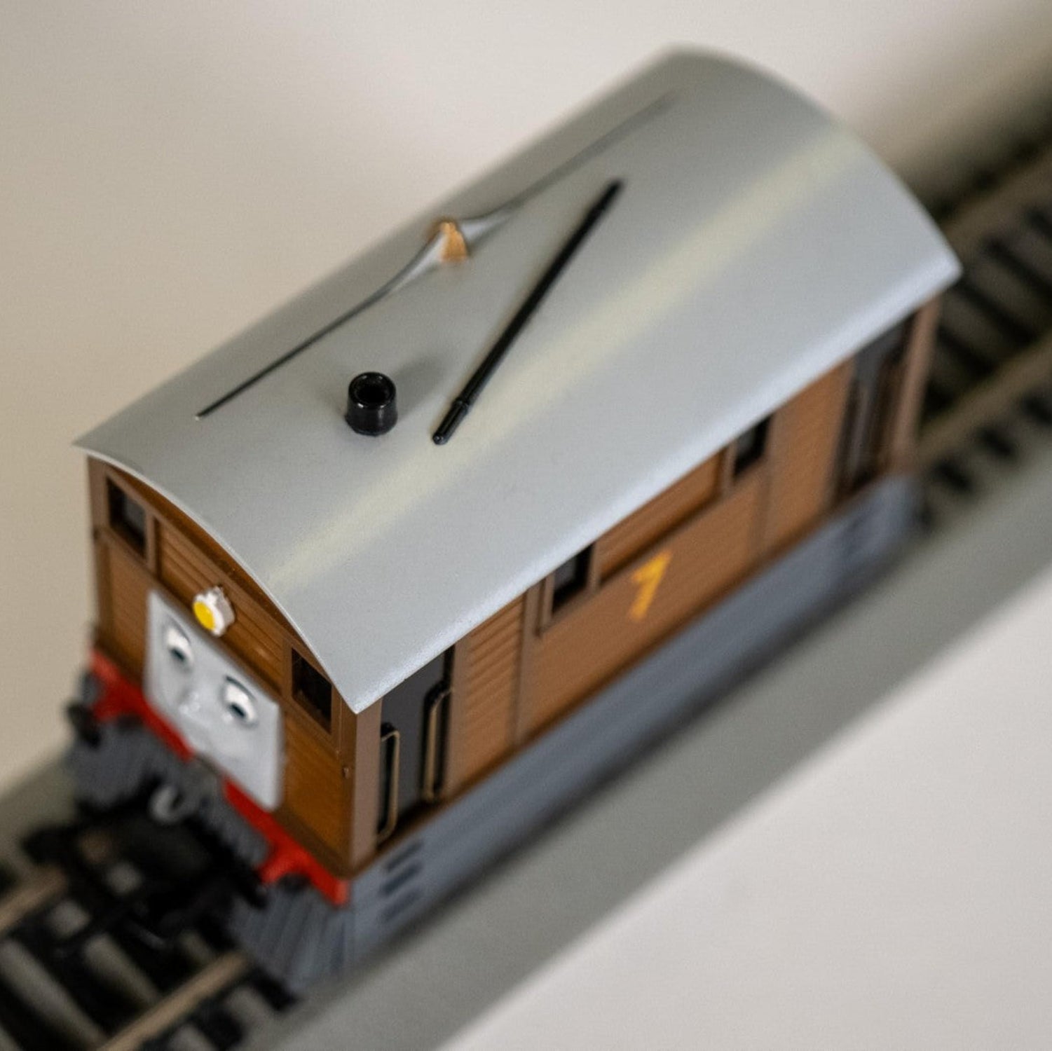 Bachmann Trains Thomas and Friends Toby the Tram Engine model with moving eyes, black color, detailed train toy.