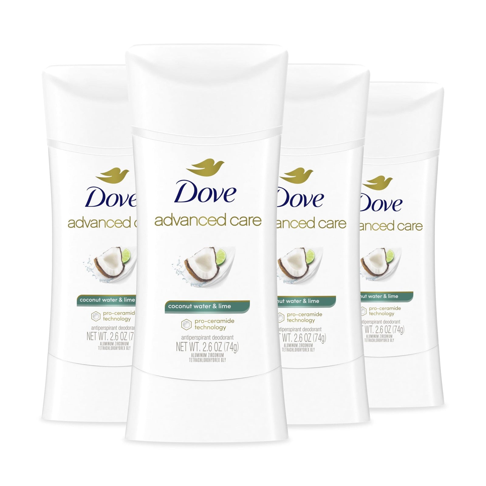 Dove Advanced Care Antiperspirant Deodorant Stick in Coconut Water & Lime scent, showing the stick with packaging.
