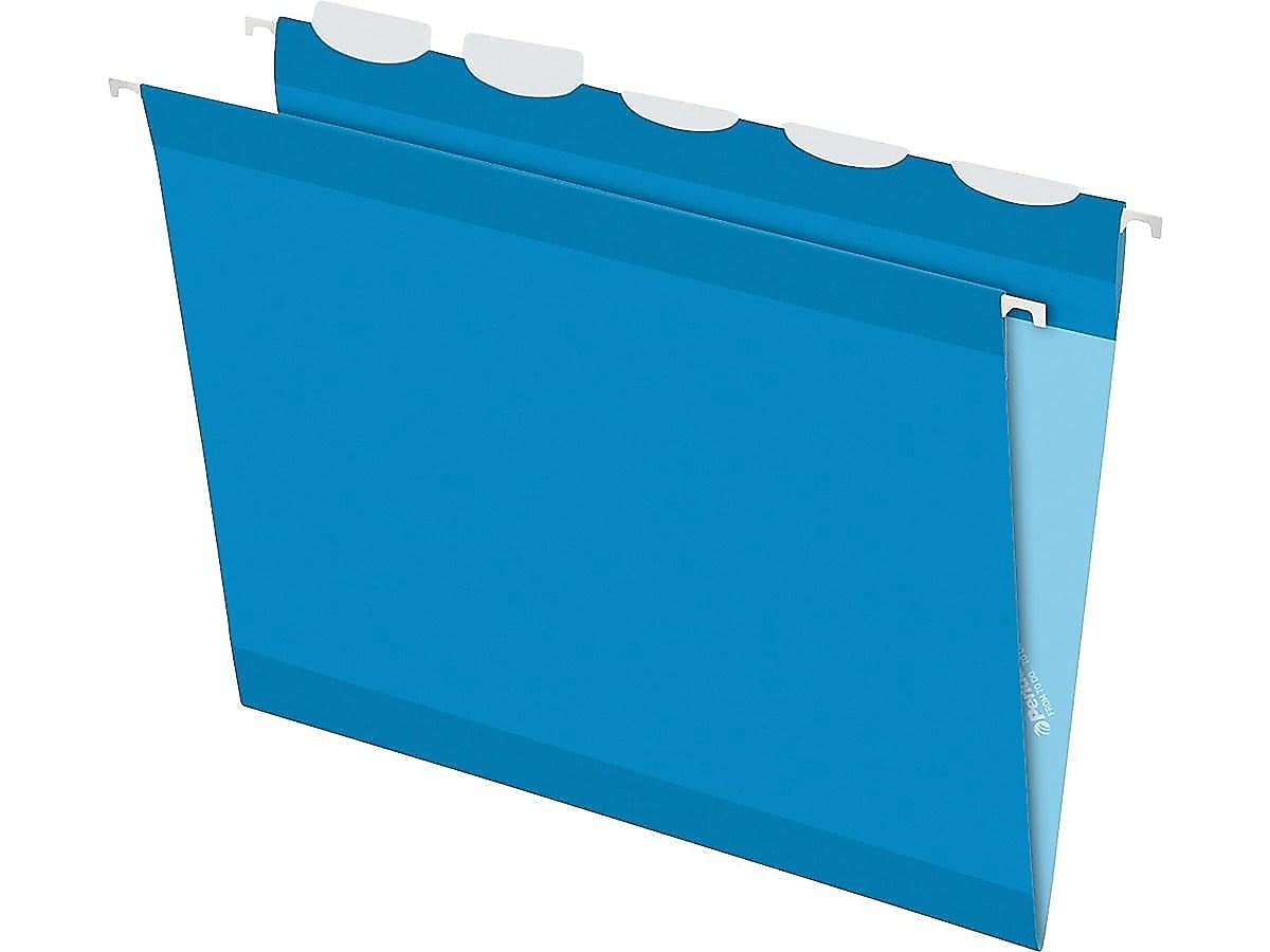 Blue Pendaflex Ready-Tab reinforced hanging folders with 5 tabs, letter size, 25 per box, for organized filing.