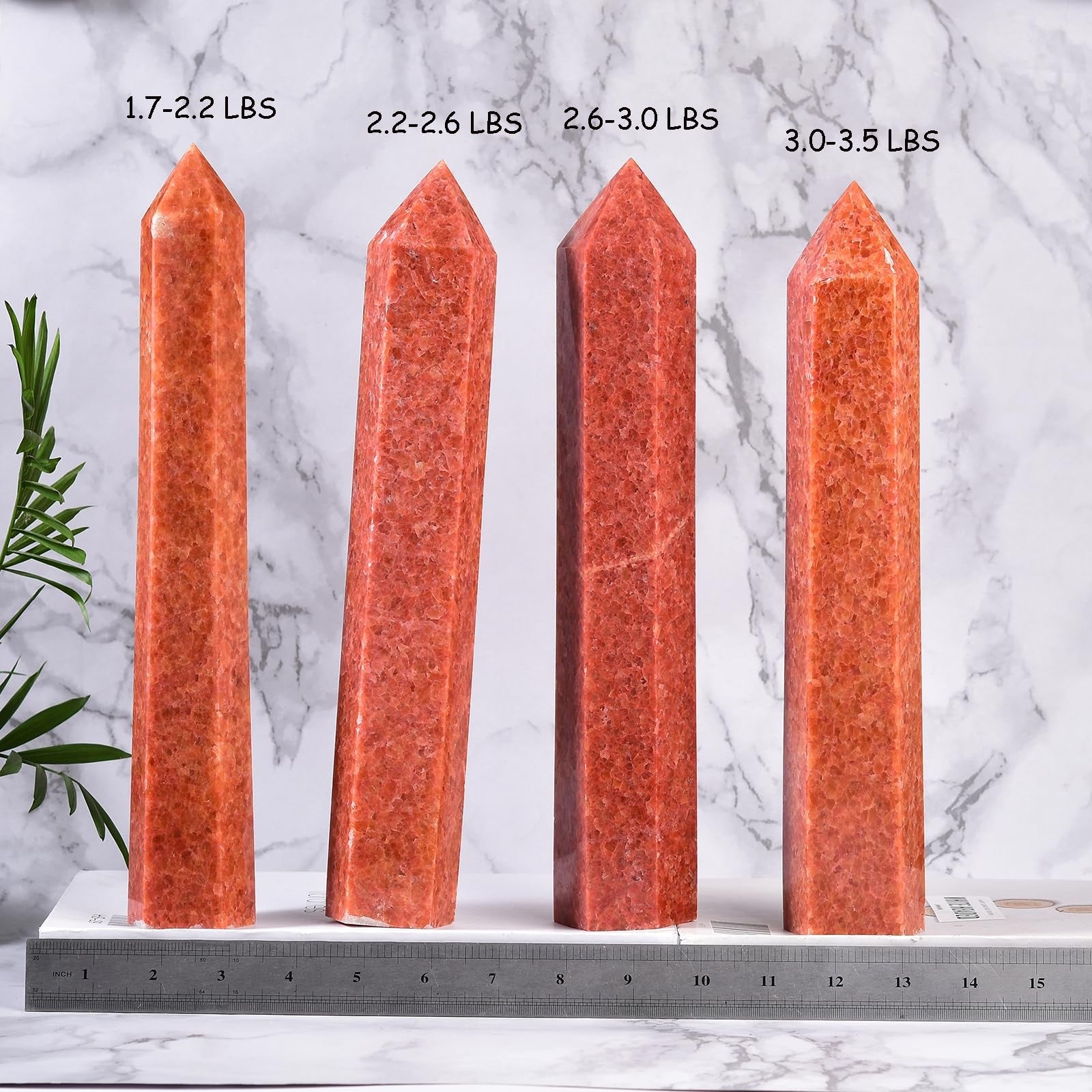 JIC Gem large sunstone obelisk tower with 6 facets, natural healing crystal wand, showcasing warm orange and sparkling inclusions.