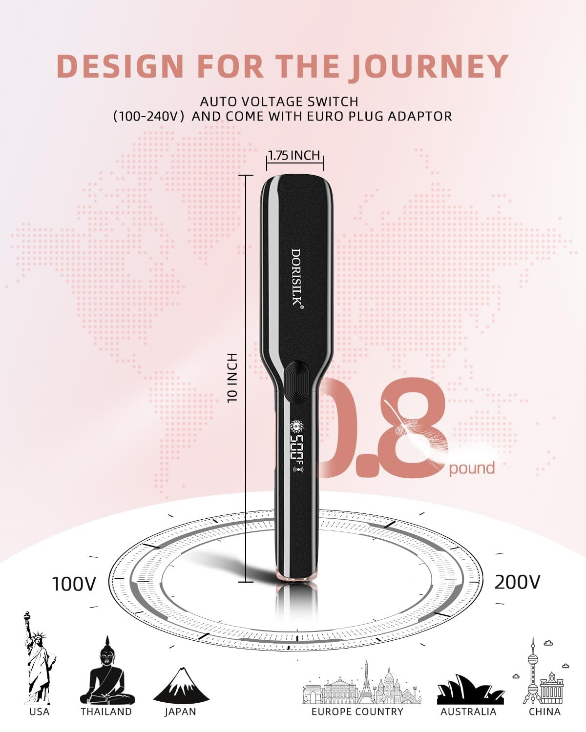DORISILK 500 Degree high temp professional ceramic wide flat hair straightener with sleek black handle and wide ceramic plates.