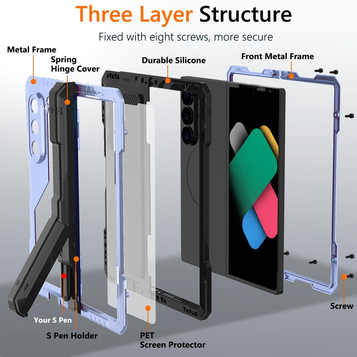 Slim Z Fold 5 case with metal frame, built-in S Pen holder, and screen protector for Samsung Galaxy Z Fold 5.