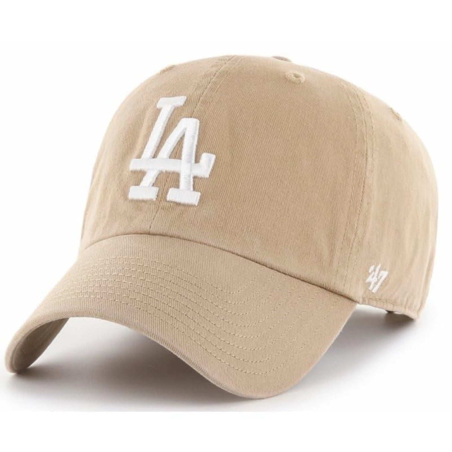 47 Brand Los Angeles Dodgers Clean Up baseball cap in khaki, showing the adjustable strap and Dodgers logo on the front.