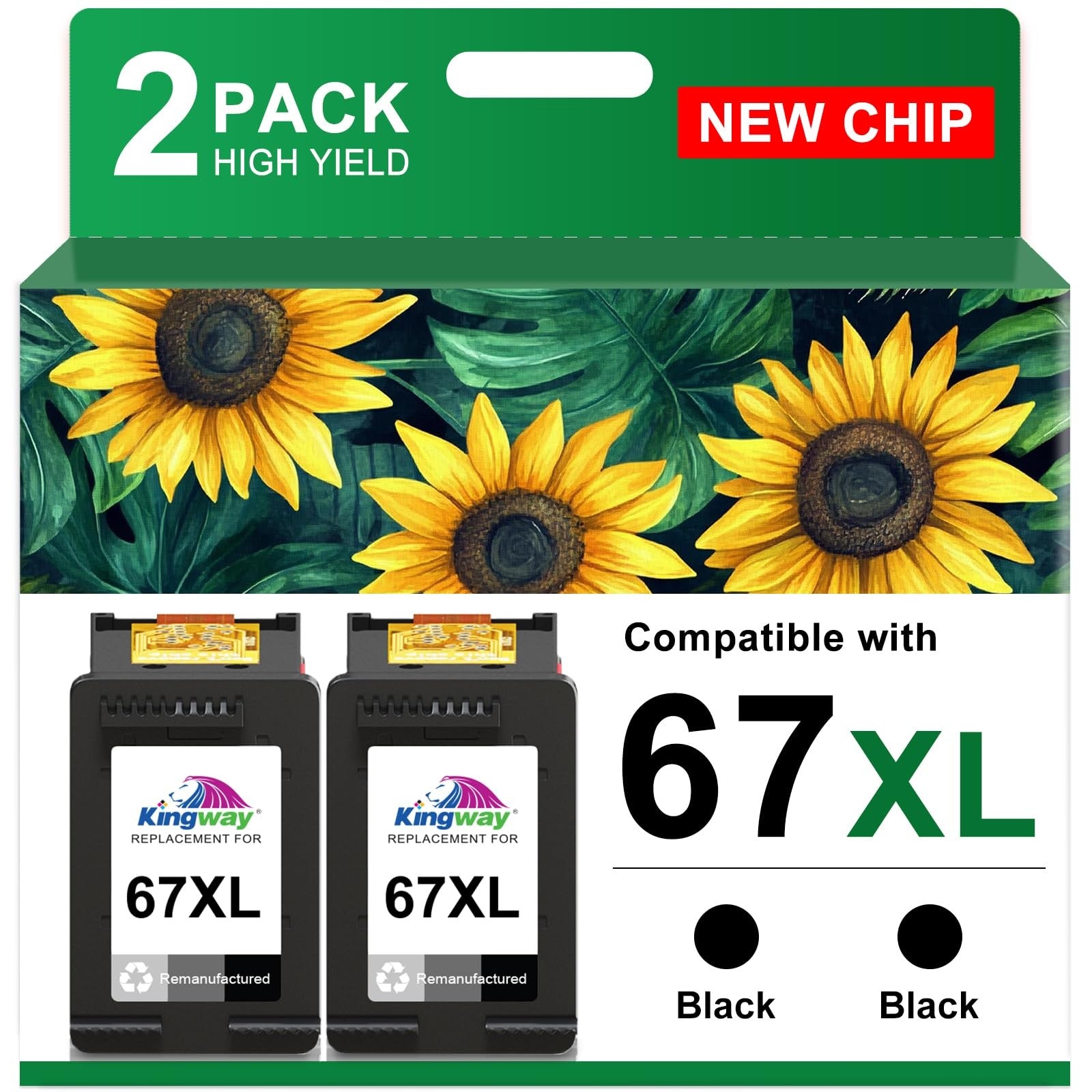 KINGWAY black ink cartridge combo pack for HP 67 and 67XL printers, including replacement ink cartridges, shown in the image.