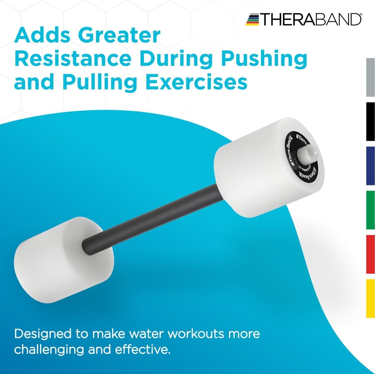 THERABAND Swim Bar with padded grip for buoyancy-based swim training, shown with the bar and padded handles in a training setting.