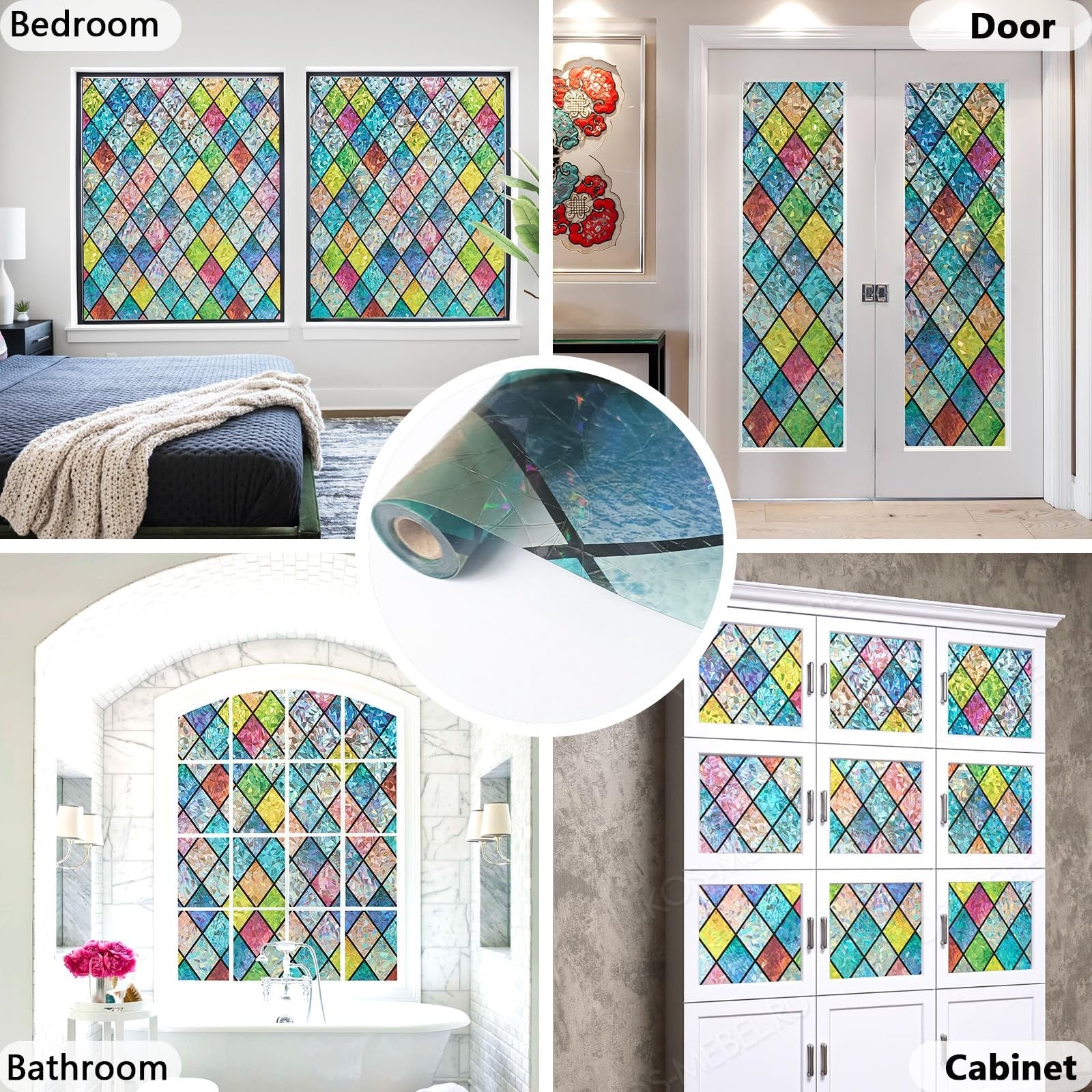 Bectosy stained glass window privacy film with decorative stained glass design, static cling for easy application and privacy.
