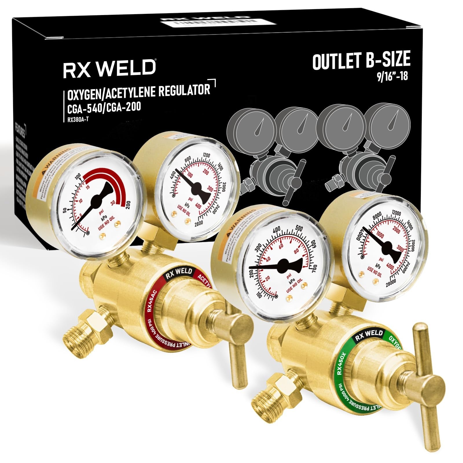 RX WELD oxygen and acetylene regulator set with gauges and CGA fittings for welding and cutting applications.