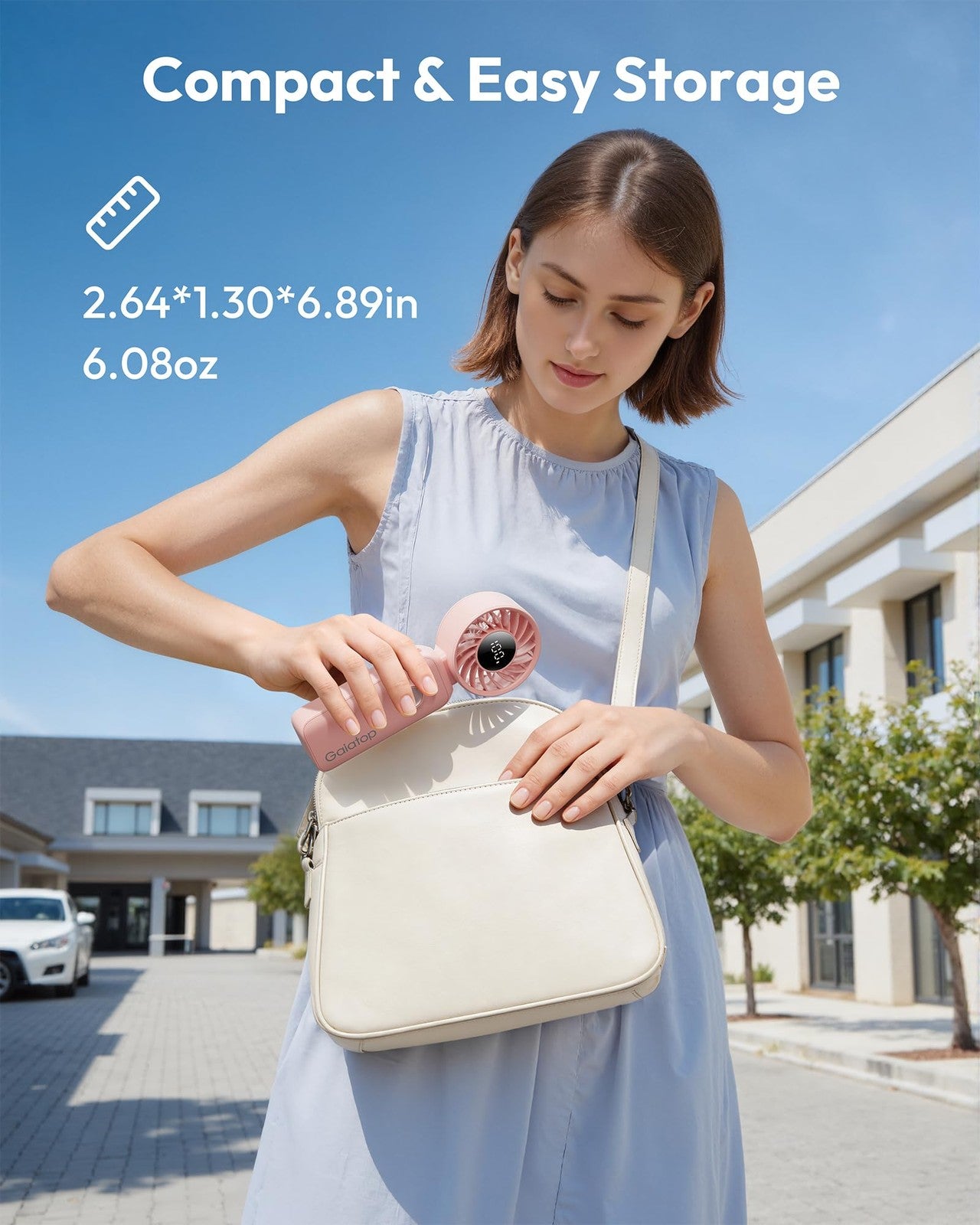 Gaiatop portable handheld fan with 5-speed settings, rechargeable battery, and 3-in-1 neck design, shown in use.