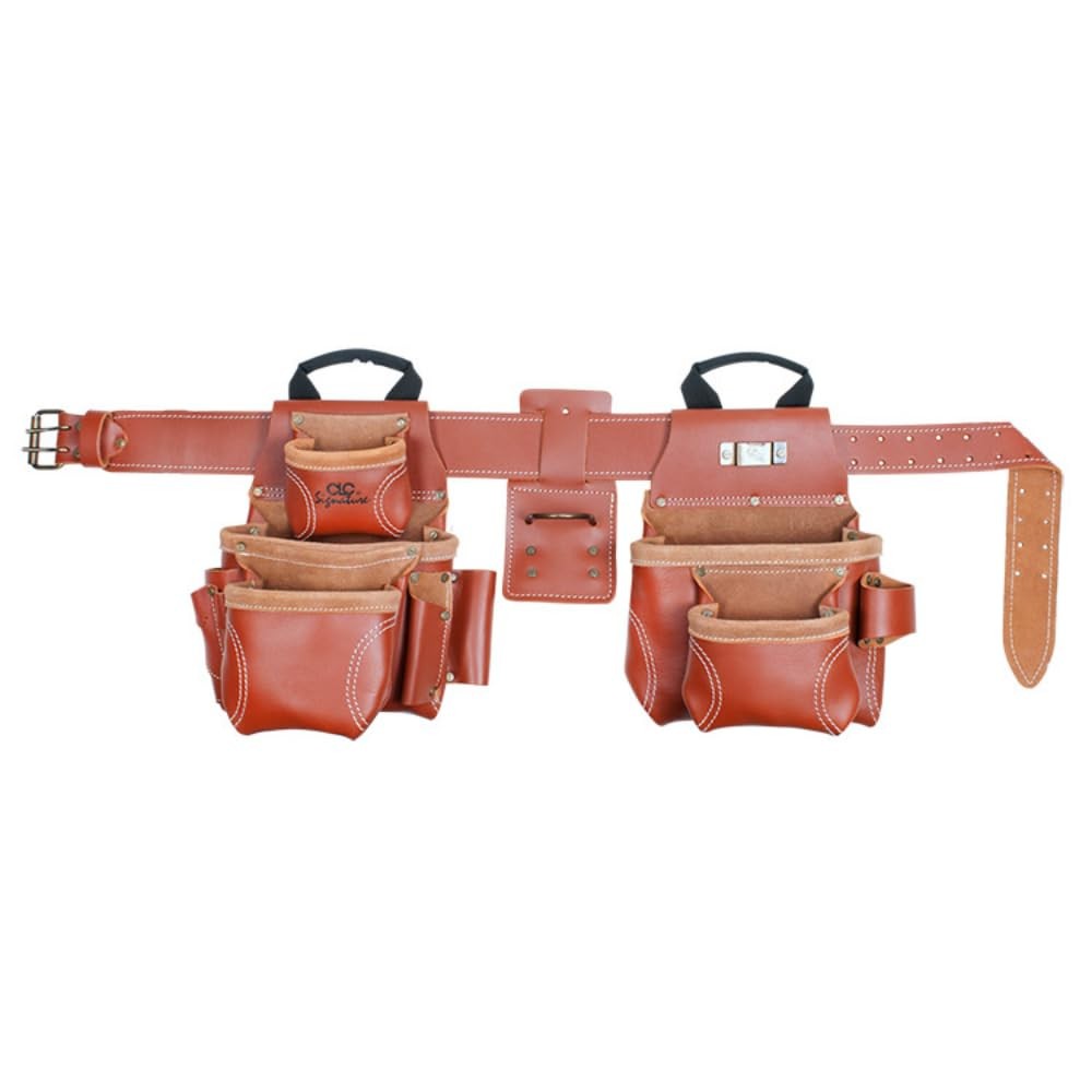 Custom Leathercraft 21448 4-piece Pro Framer's Combo System Tool Belt with 15 pockets, showing durable leather and multiple tool compartments.