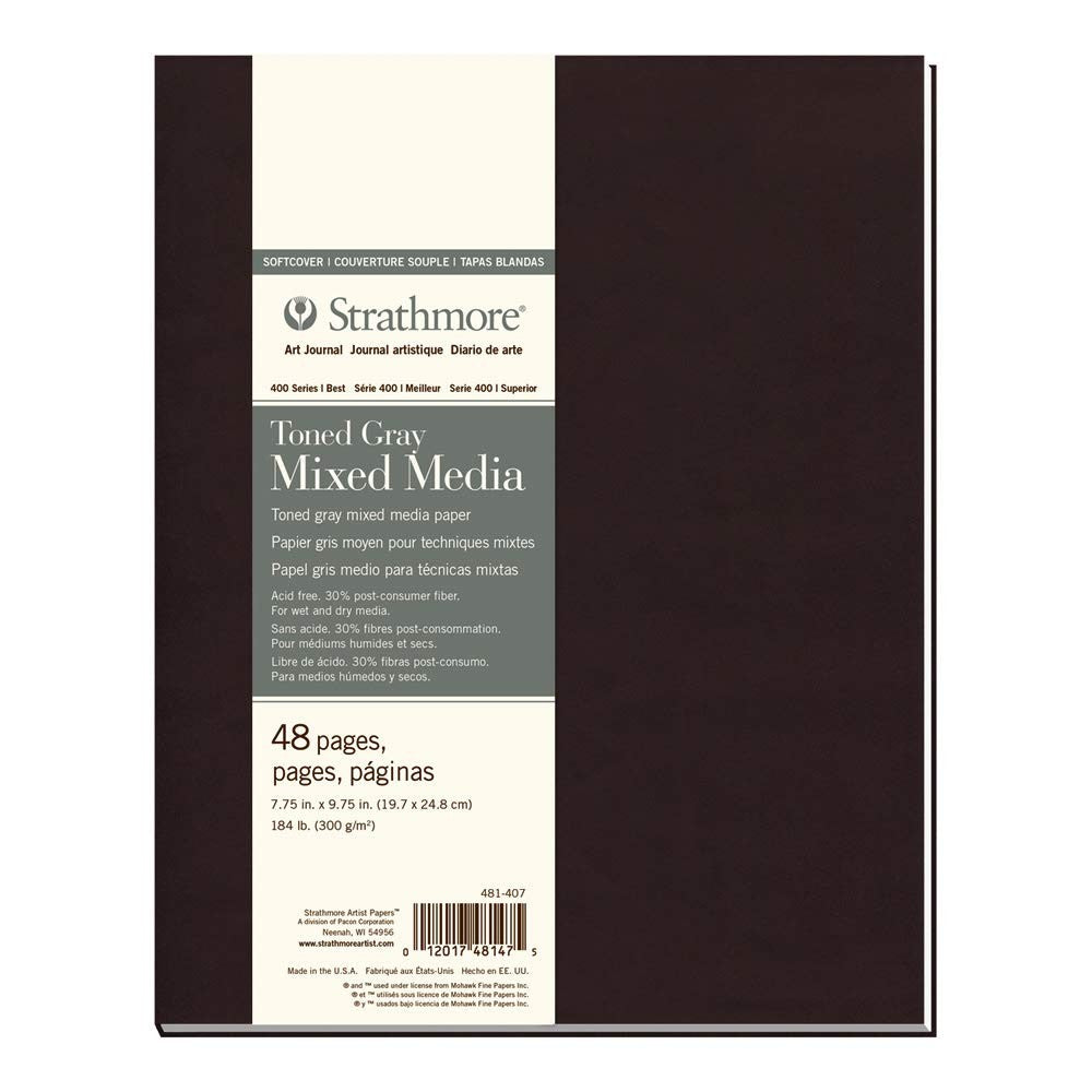 Strathmore 400 Series Softcover Toned Gray Mixed Media Art Journal, 7-inch size with flexible cover and blank pages for creative artwork.